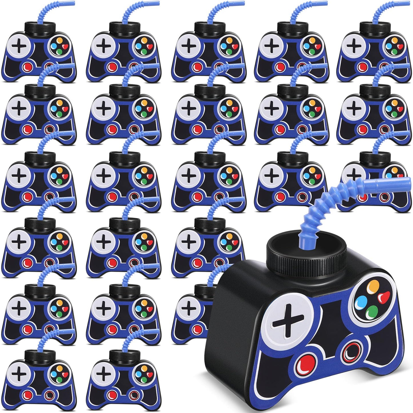 Mifoci 24 Pcs Blue Gamepad Cup Set – 10oz Plastic Cups with Lids & Straws for Gamer Birthday Parties