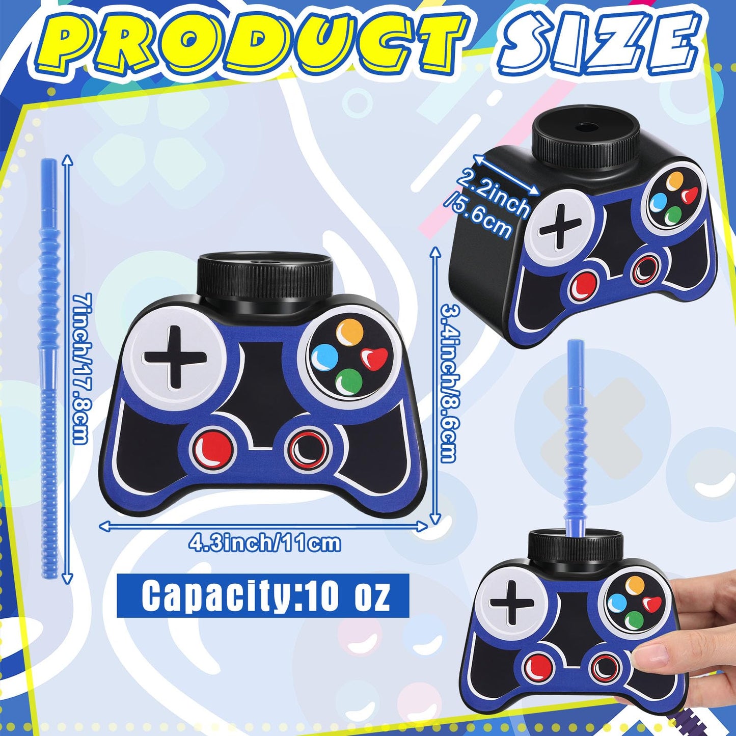 Mifoci 24 Pcs Blue Gamepad Cup Set – 10oz Plastic Cups with Lids & Straws for Gamer Birthday Parties
