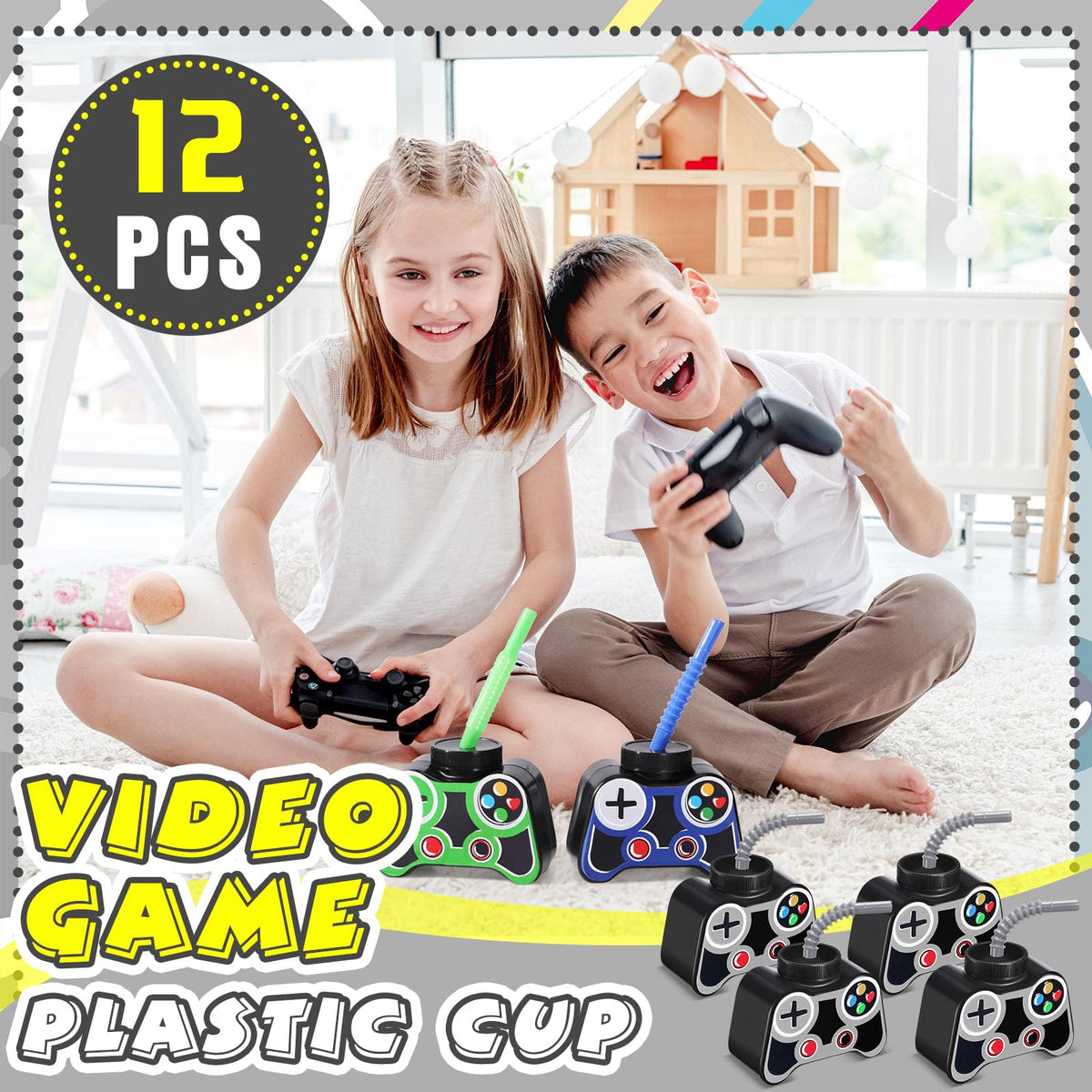 Mifoci 12 Pcs Plastic Video Game Cups with Straws & Lids - 10oz Gray Gamer Birthday Party Cups