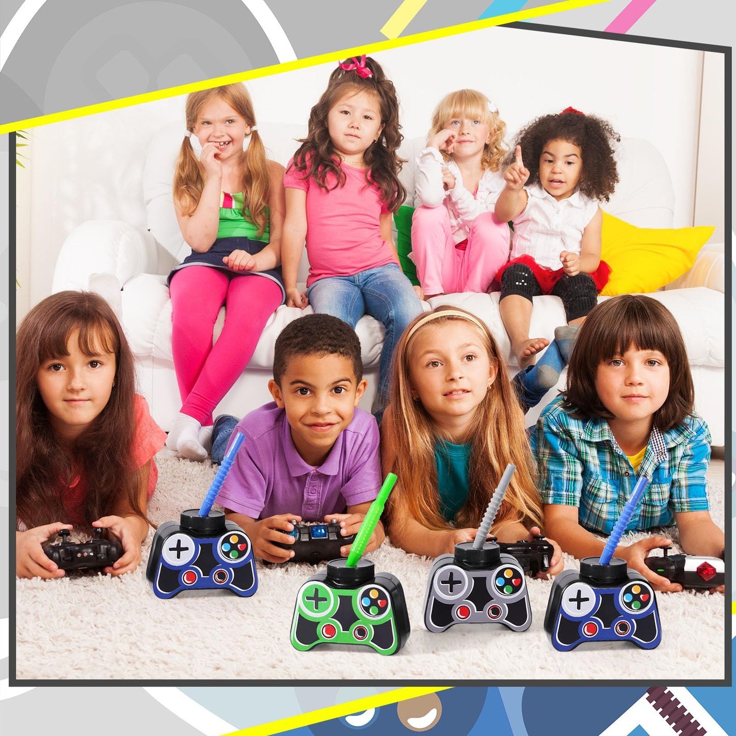Mifoci 12 Pcs Plastic Video Game Cups with Straws & Lids - 10oz Gray Gamer Birthday Party Cups
