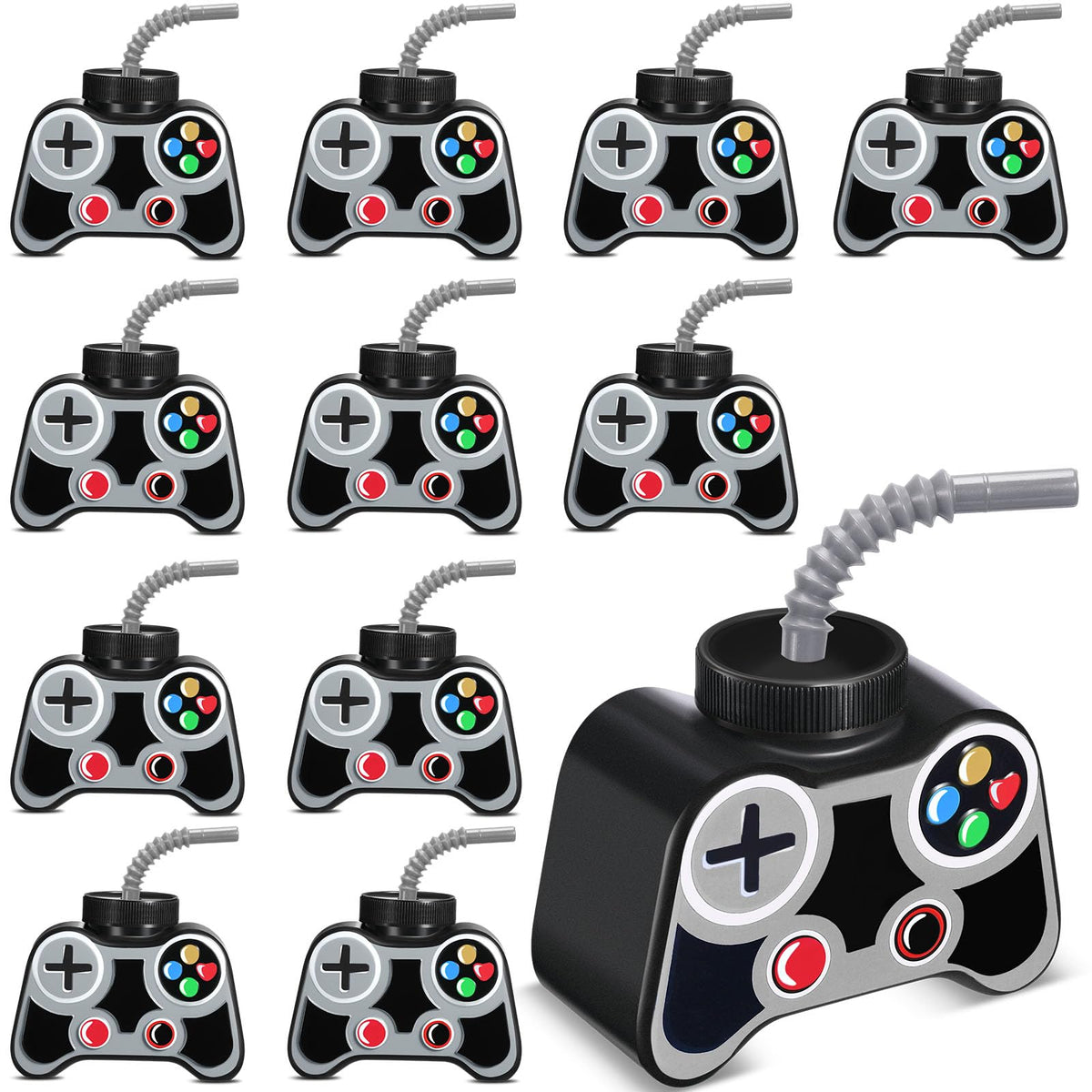 Mifoci 12 Pcs Plastic Video Game Cups with Straws & Lids - 10oz Gray Gamer Birthday Party Cups