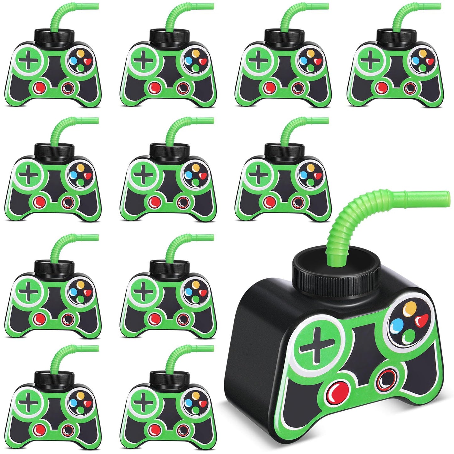 Mifoci 12 Pcs Plastic Video Game Cups with Straw and Lid 10oz Green – Gamer Birthday Party Supplies