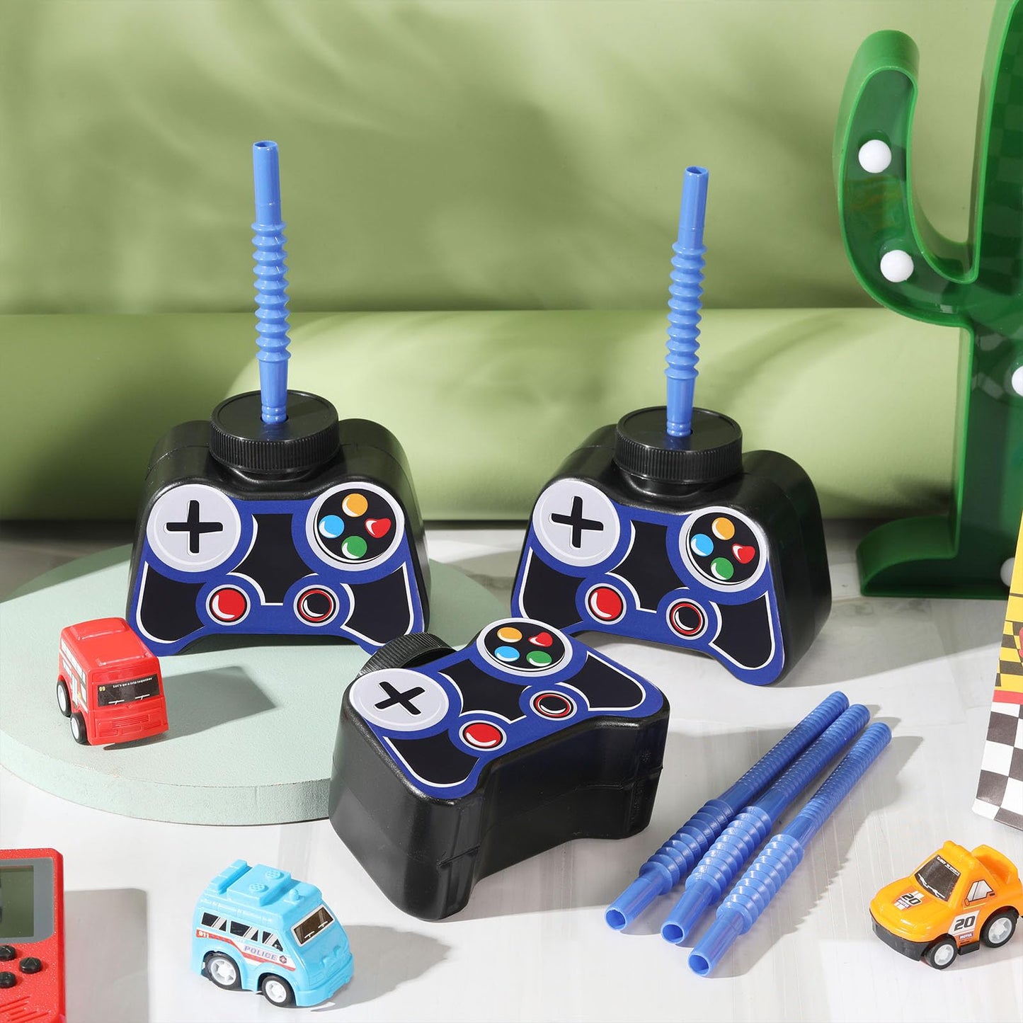 Mifoci 24 Pcs Blue Gamepad Cup Set – 10oz Plastic Cups with Lids & Straws for Gamer Birthday Parties