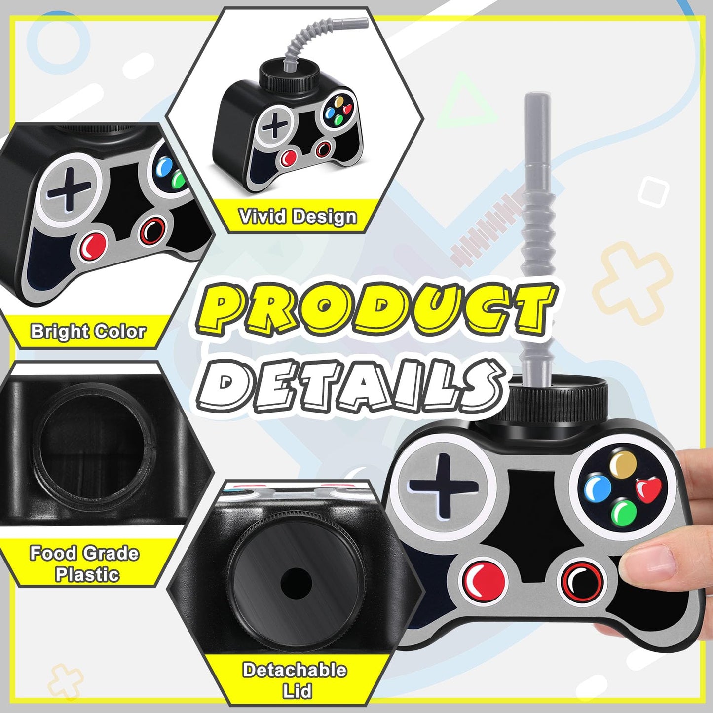 Mifoci 12 Pcs Plastic Video Game Cups with Straws & Lids - 10oz Gray Gamer Birthday Party Cups