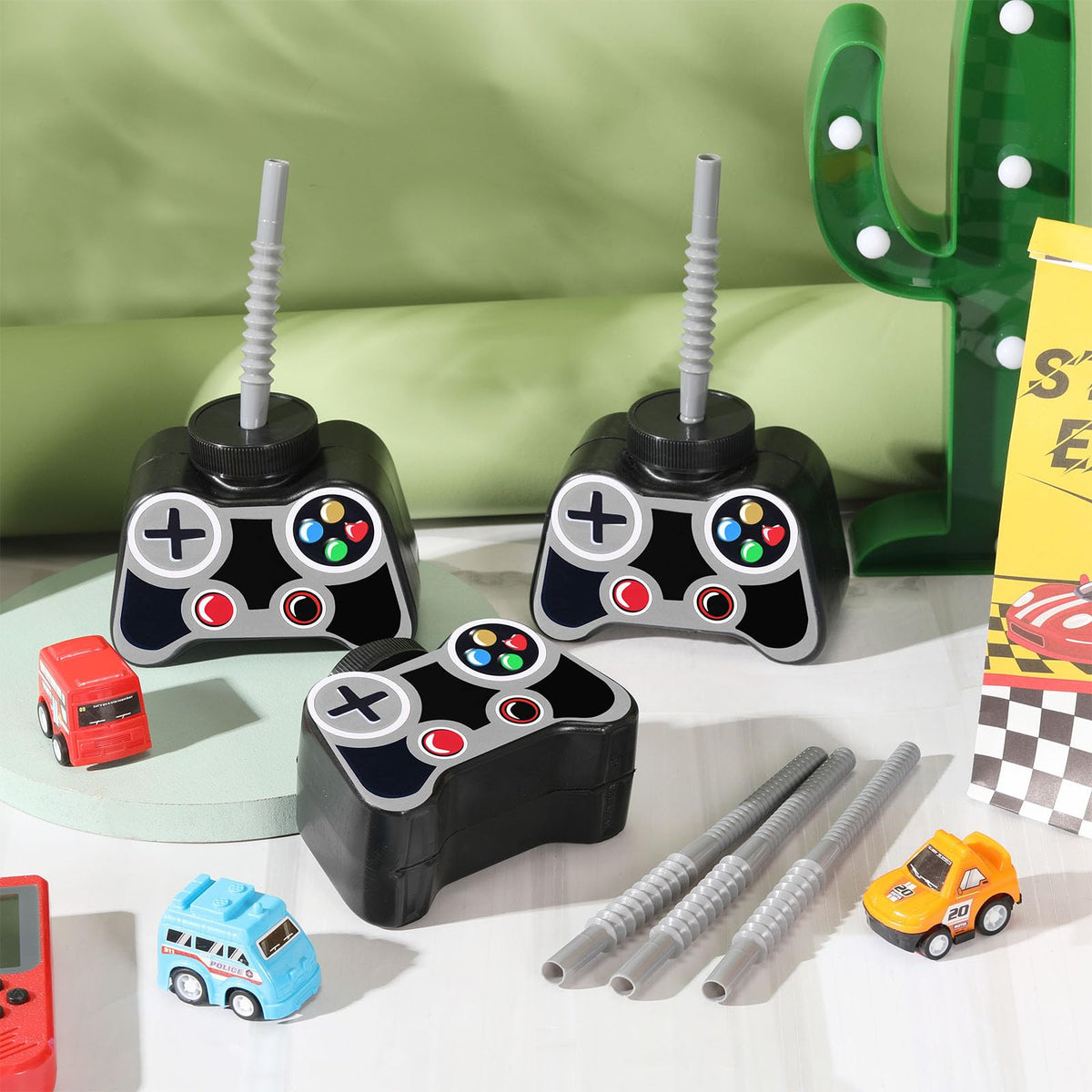 Mifoci 12 Pcs Plastic Video Game Cups with Straws & Lids - 10oz Gray Gamer Birthday Party Cups