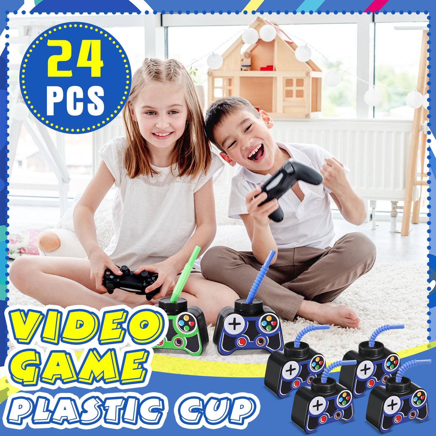 Mifoci 24 Pcs Blue Gamepad Cup Set – 10oz Plastic Cups with Lids & Straws for Gamer Birthday Parties