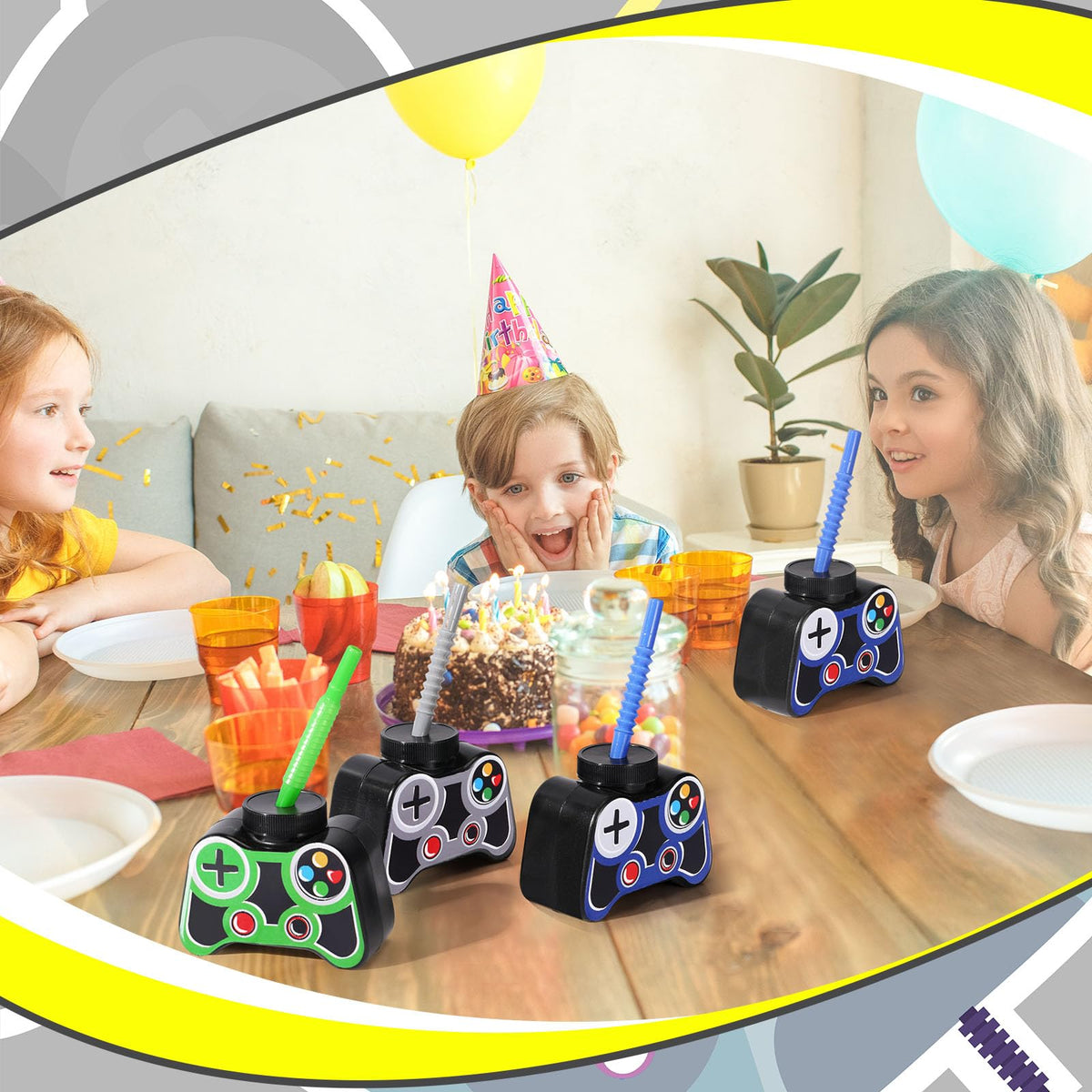 Mifoci 12 Pcs Plastic Video Game Cups with Straws & Lids - 10oz Gray Gamer Birthday Party Cups