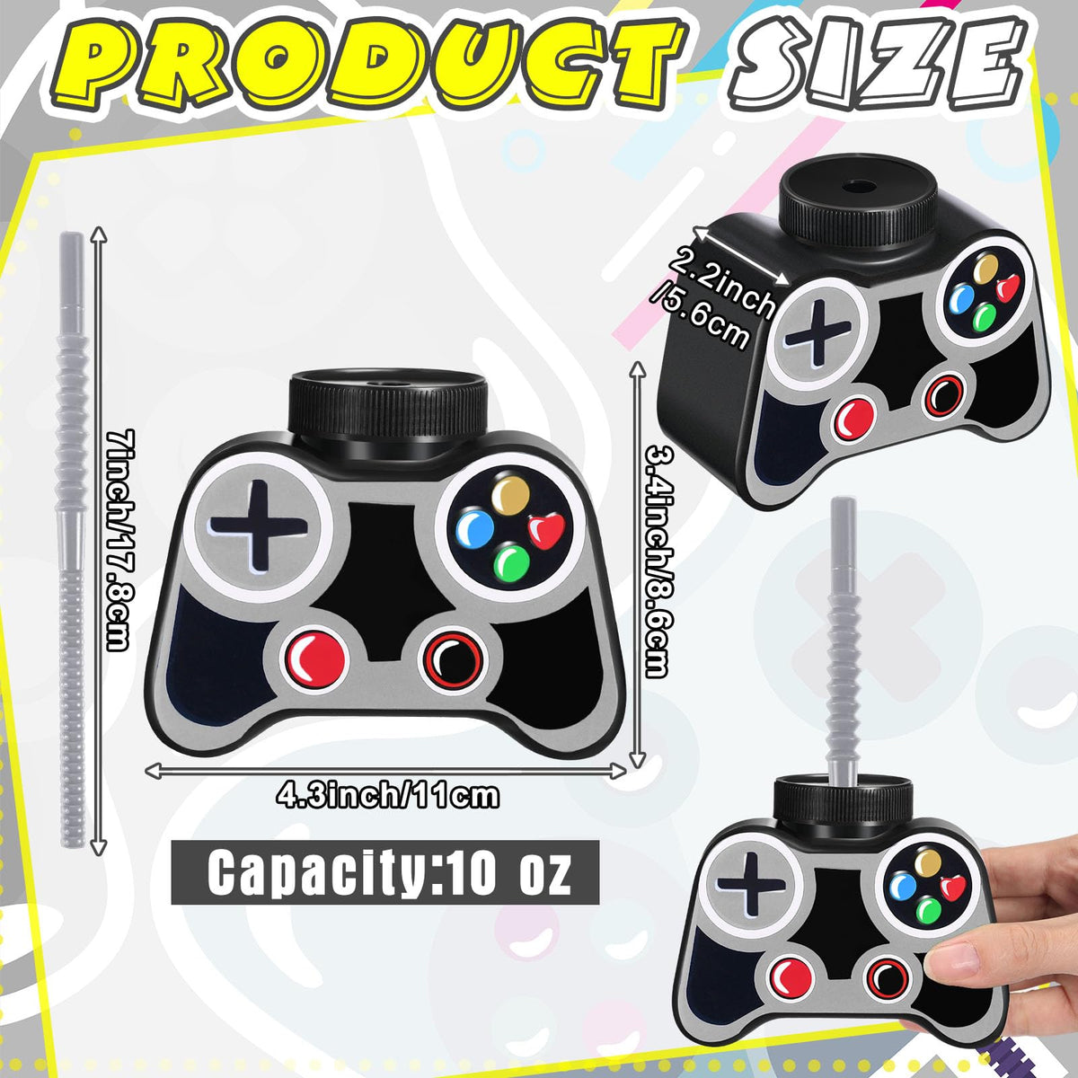 Mifoci 12 Pcs Plastic Video Game Cups with Straws & Lids - 10oz Gray Gamer Birthday Party Cups