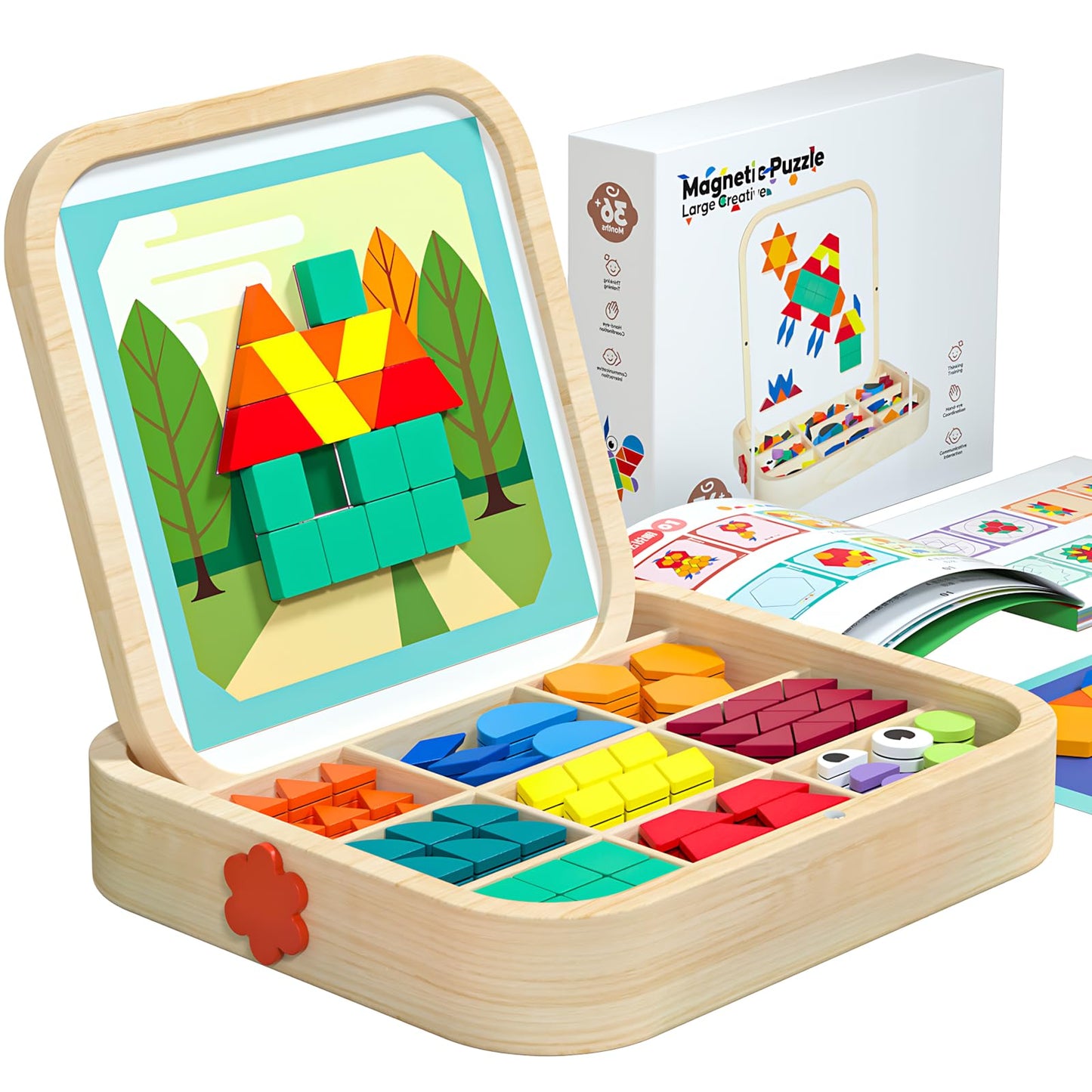 Migargle 288-Piece Wooden Magnetic Pattern Blocks Set – Montessori Tangram Puzzles, Pattern Cards & Storage Bag