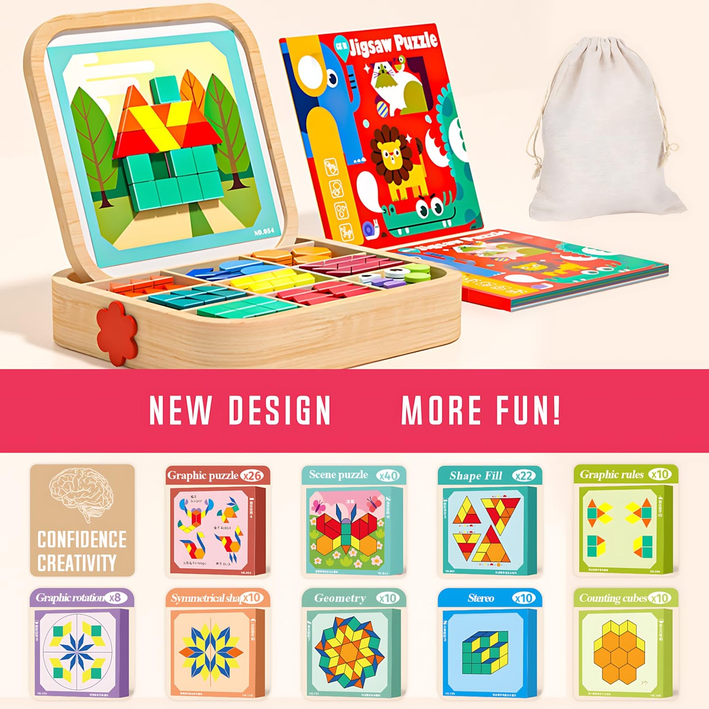 Migargle 288-Piece Wooden Magnetic Pattern Blocks Set – Montessori Tangram Puzzles, Pattern Cards & Storage Bag