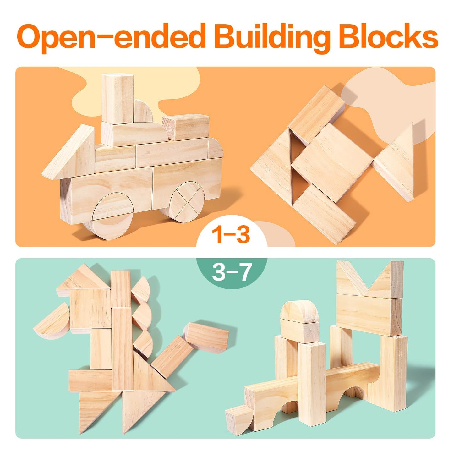 Migargle Large Wooden Building Blocks Set – 64 Pieces, Storage Box, Open-Ended Preschool Toys (3+ Years)