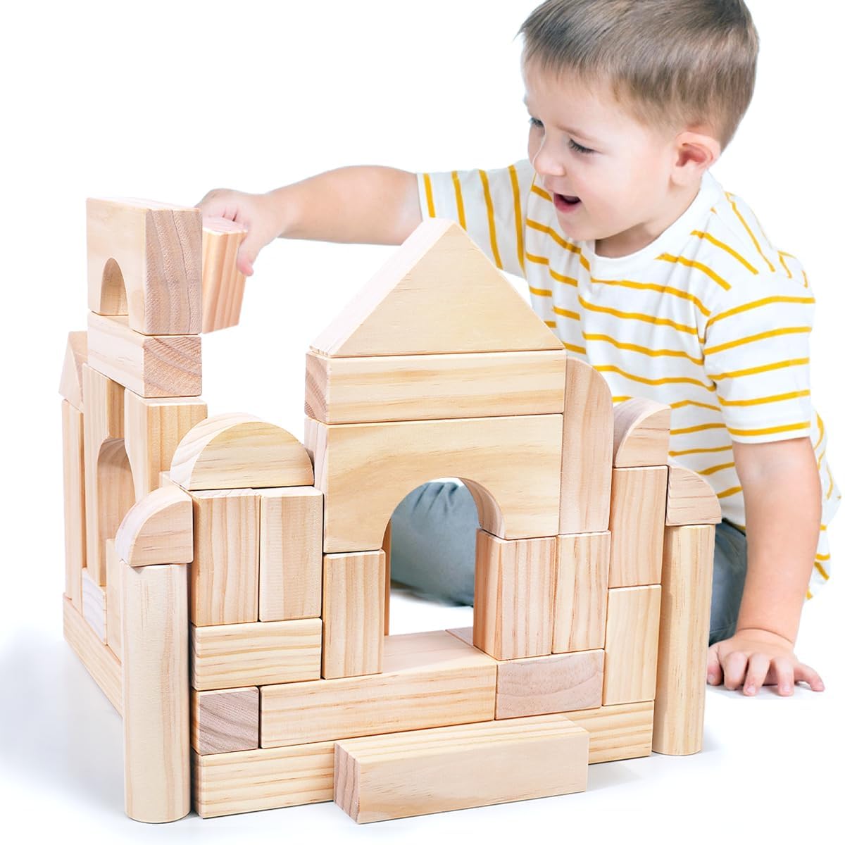 Migargle Large Wooden Building Blocks Set – 64 Pieces, Storage Box, Open-Ended Preschool Toys (3+ Years)