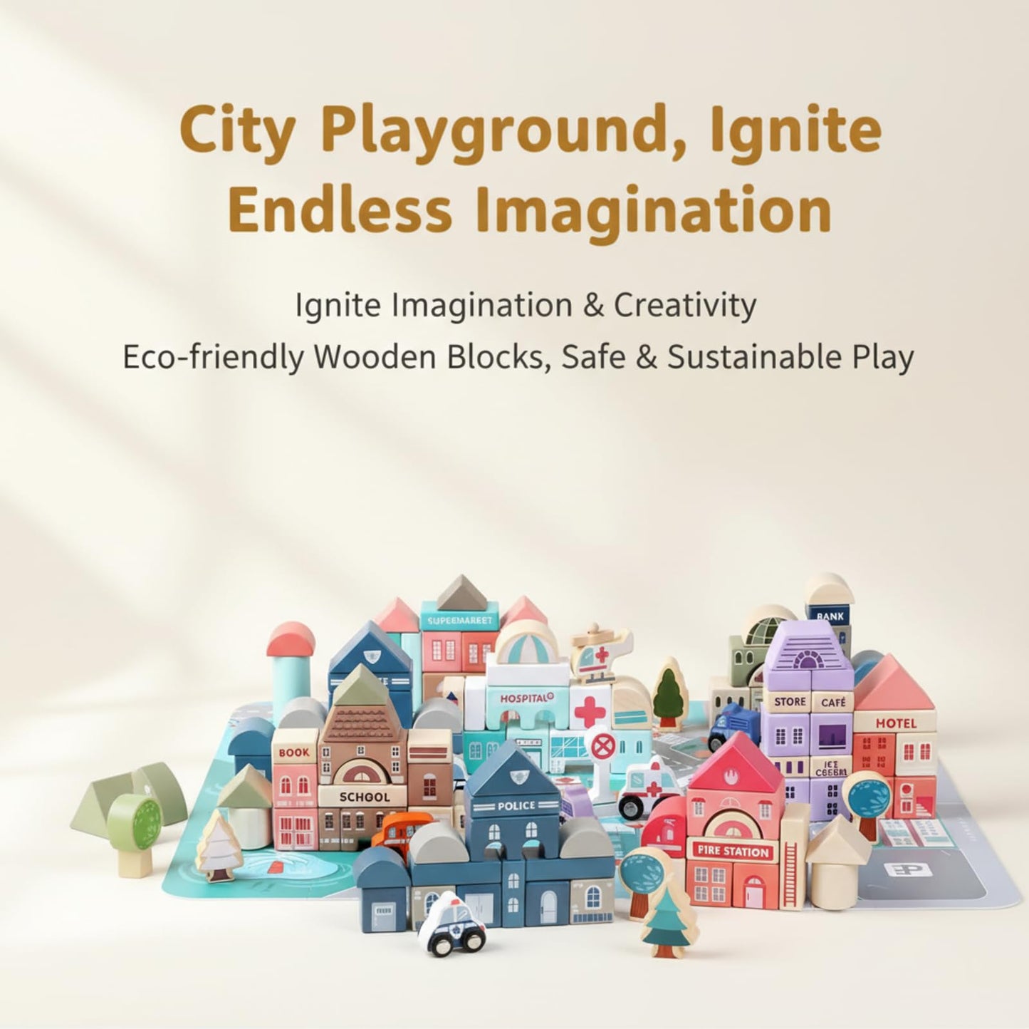 Migargle Wooden Building Blocks Set – City Construction Stacker for 3+ Kids