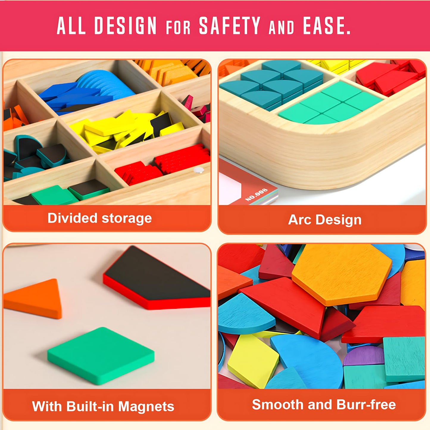 Migargle 288-Piece Wooden Magnetic Pattern Blocks Set – Montessori Tangram Puzzles, Pattern Cards & Storage Bag