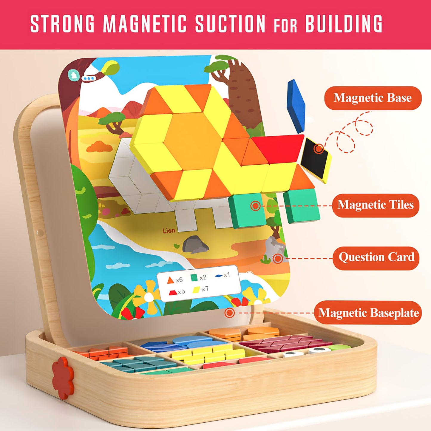 Migargle 288-Piece Wooden Magnetic Pattern Blocks Set – Montessori Tangram Puzzles, Pattern Cards & Storage Bag