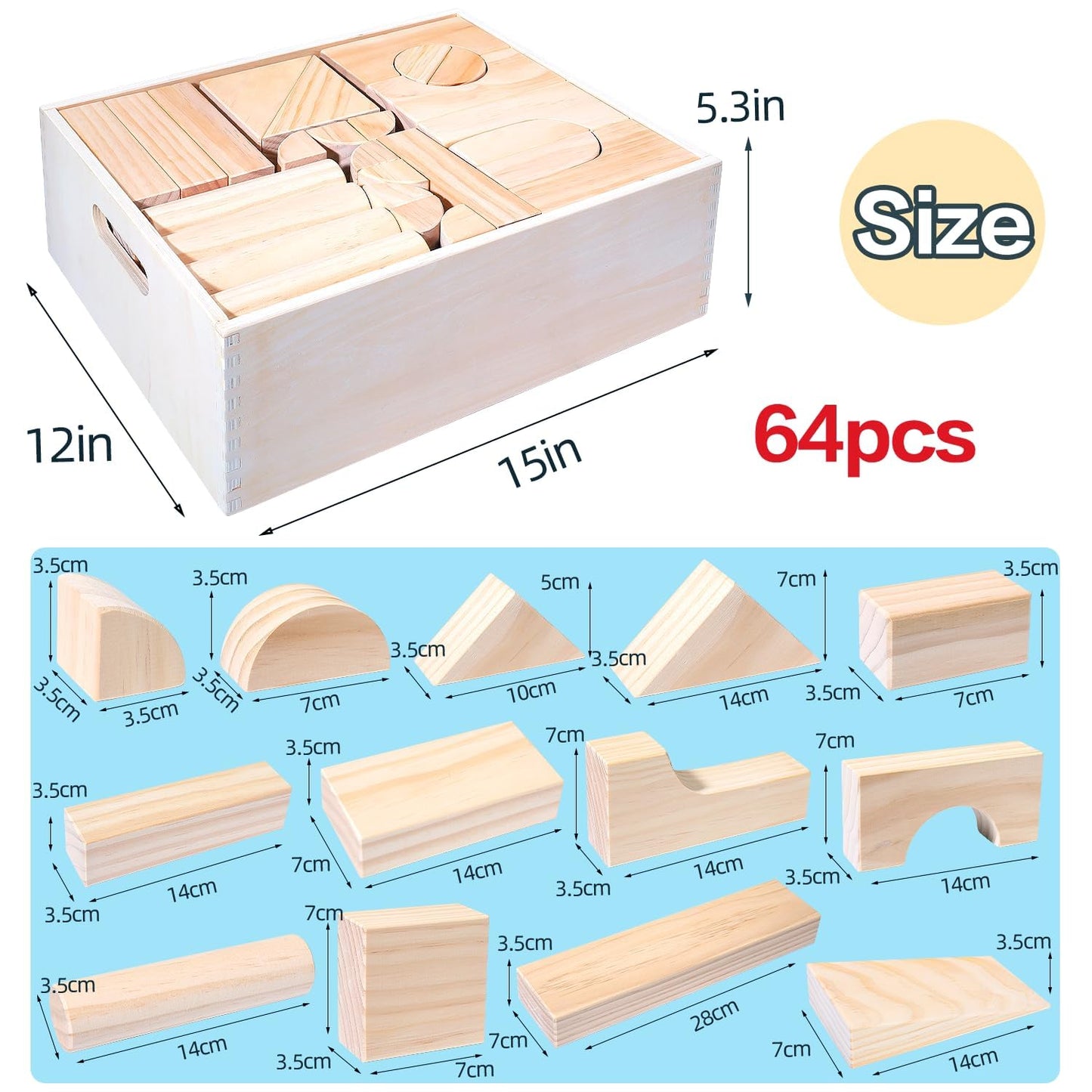 Migargle Large Wooden Building Blocks Set – 64 Pieces, Storage Box, Open-Ended Preschool Toys (3+ Years)