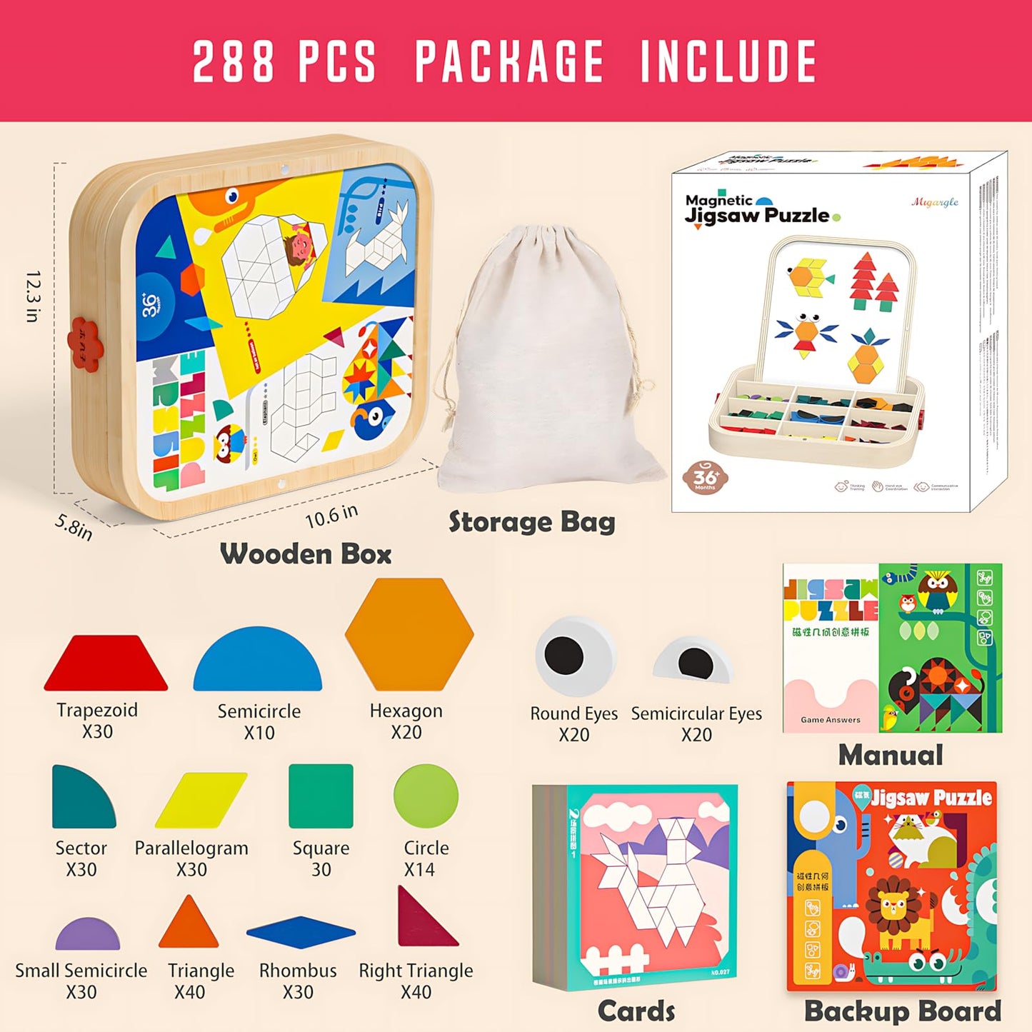 Migargle 288-Piece Wooden Magnetic Pattern Blocks Set – Montessori Tangram Puzzles, Pattern Cards & Storage Bag