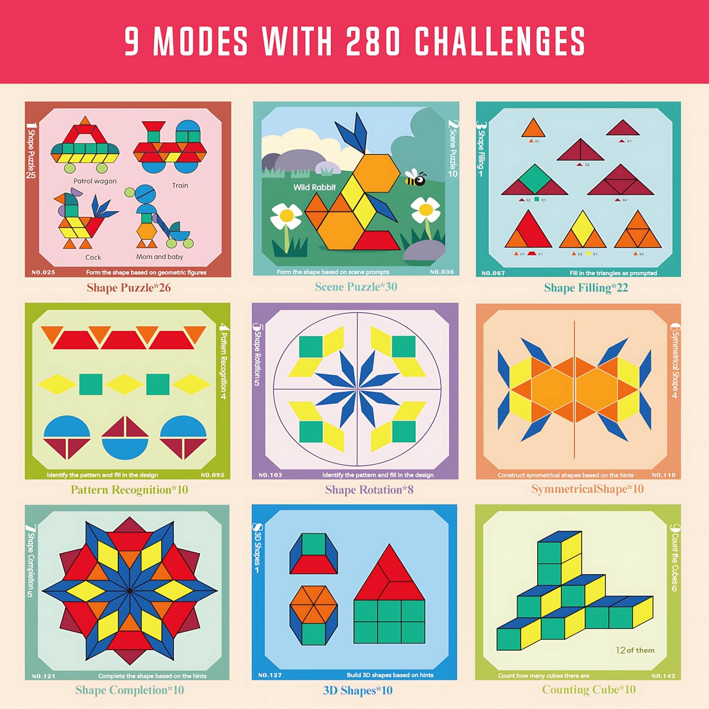 Migargle 288-Piece Wooden Magnetic Pattern Blocks Set – Montessori Tangram Puzzles, Pattern Cards & Storage Bag