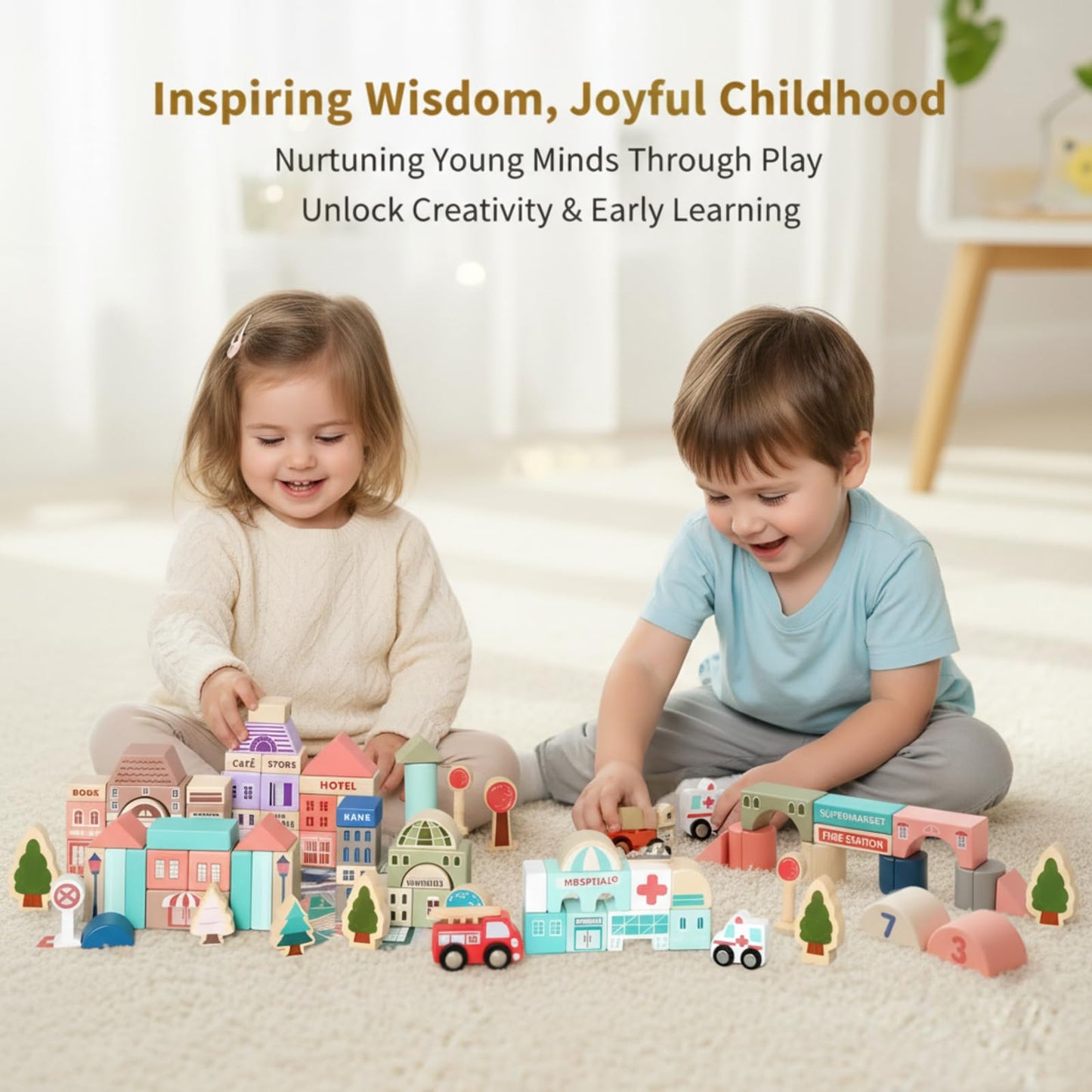 Migargle Wooden Building Blocks Set – City Construction Stacker for 3+ Kids