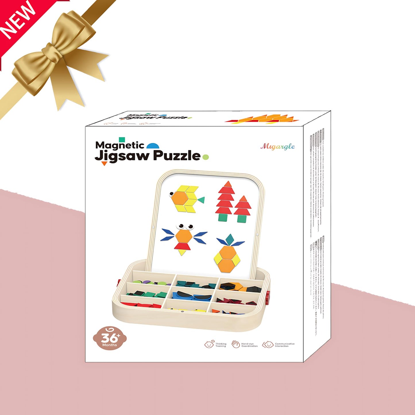 Migargle 288-Piece Wooden Magnetic Pattern Blocks Set – Montessori Tangram Puzzles, Pattern Cards & Storage Bag