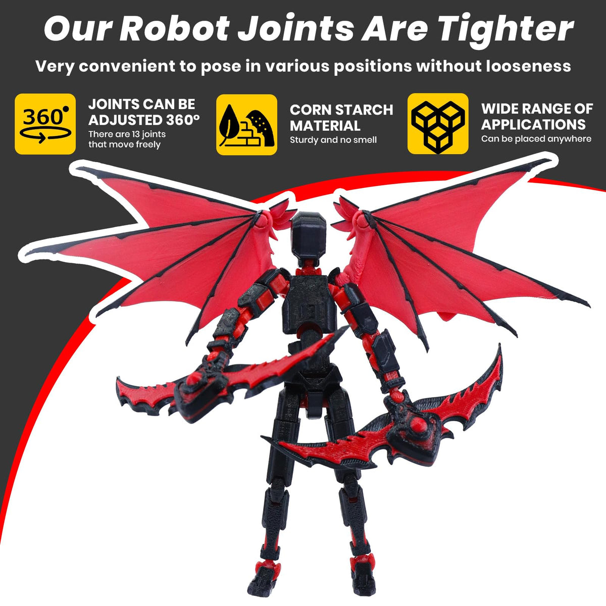 MIGESS Titan 13 Robot Action Figure – 3D-Printed Articulated Hero with Demon Wings | Rose Red