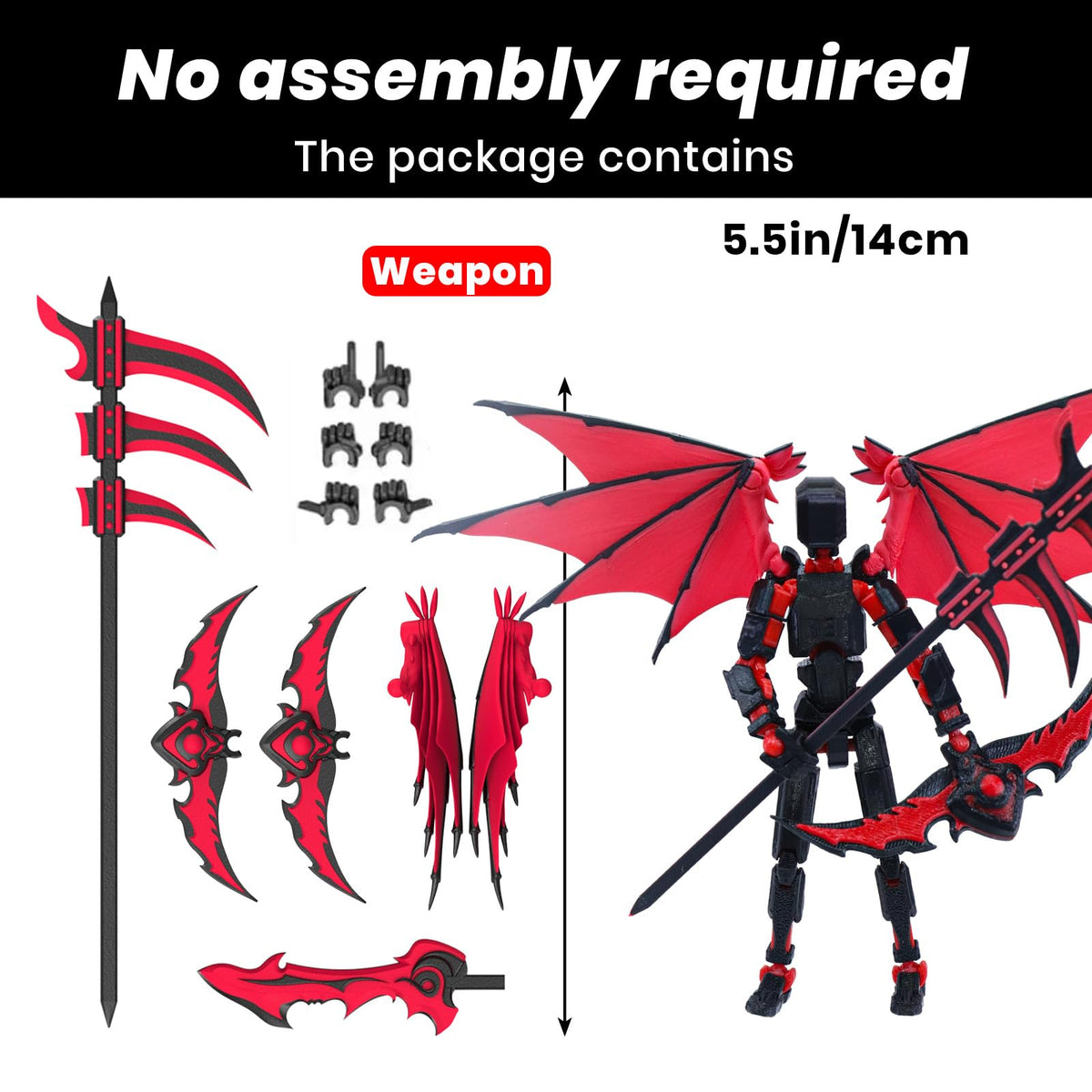 MIGESS Titan 13 Robot Action Figure – 3D-Printed Articulated Hero with Demon Wings | Rose Red