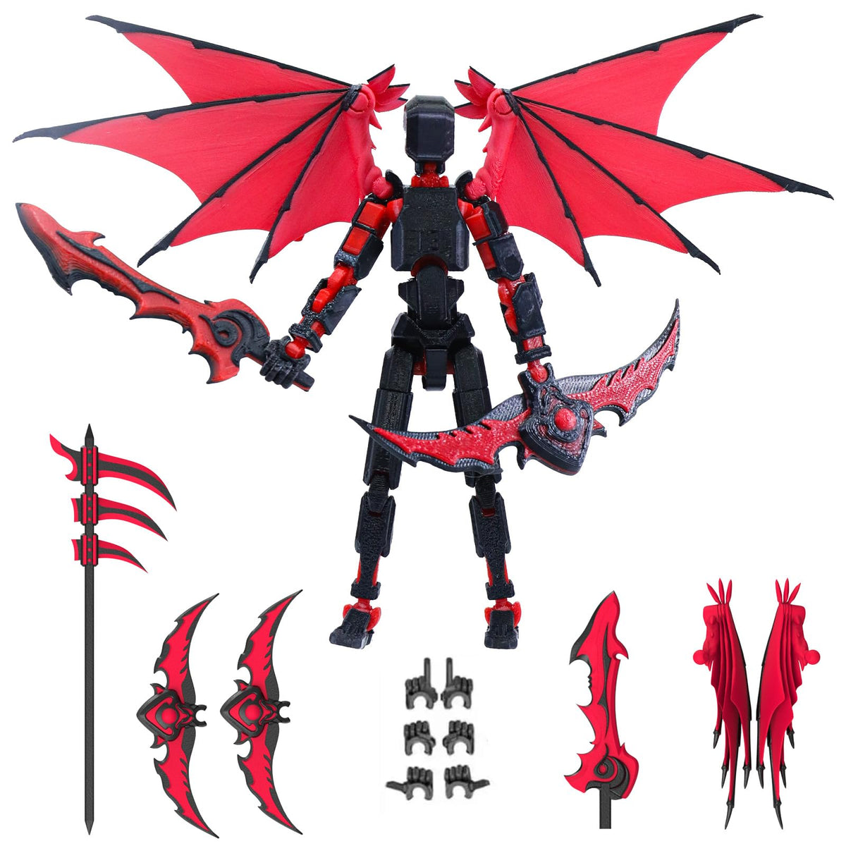 MIGESS Titan 13 Robot Action Figure – 3D-Printed Articulated Hero with Demon Wings | Rose Red