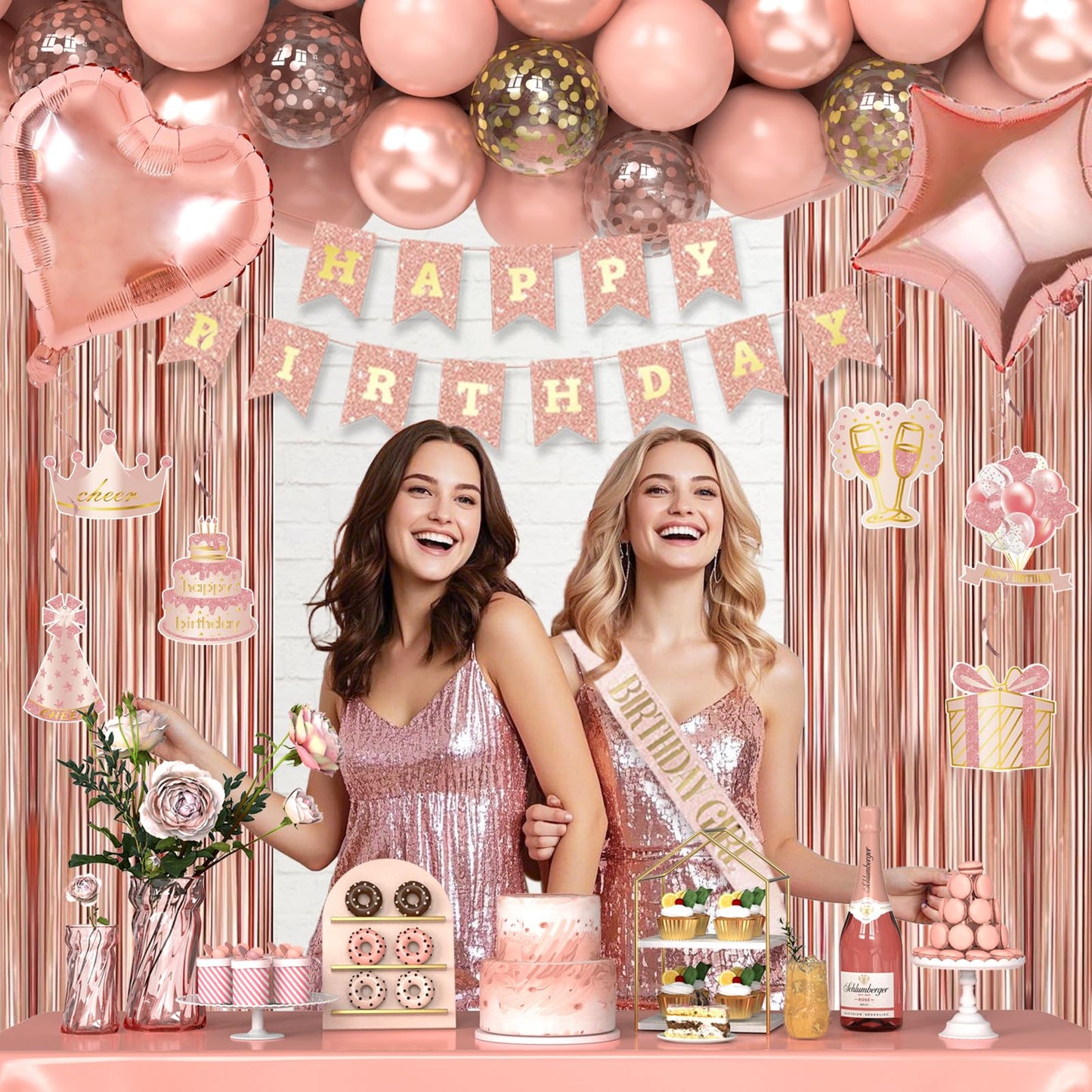 Miidenks 23rd Birthday Decorations – Rose Gold Party Supplies with Banner, Balloons & Fringe Curtains