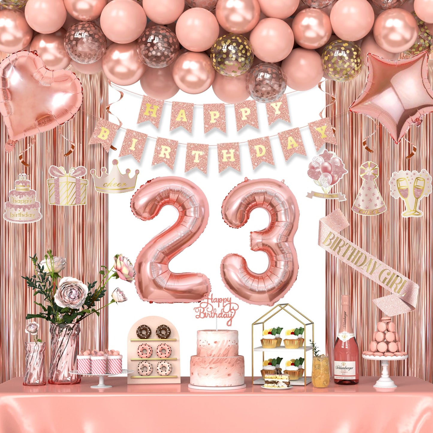 Miidenks 23rd Birthday Decorations – Rose Gold Party Supplies with Banner, Balloons & Fringe Curtains
