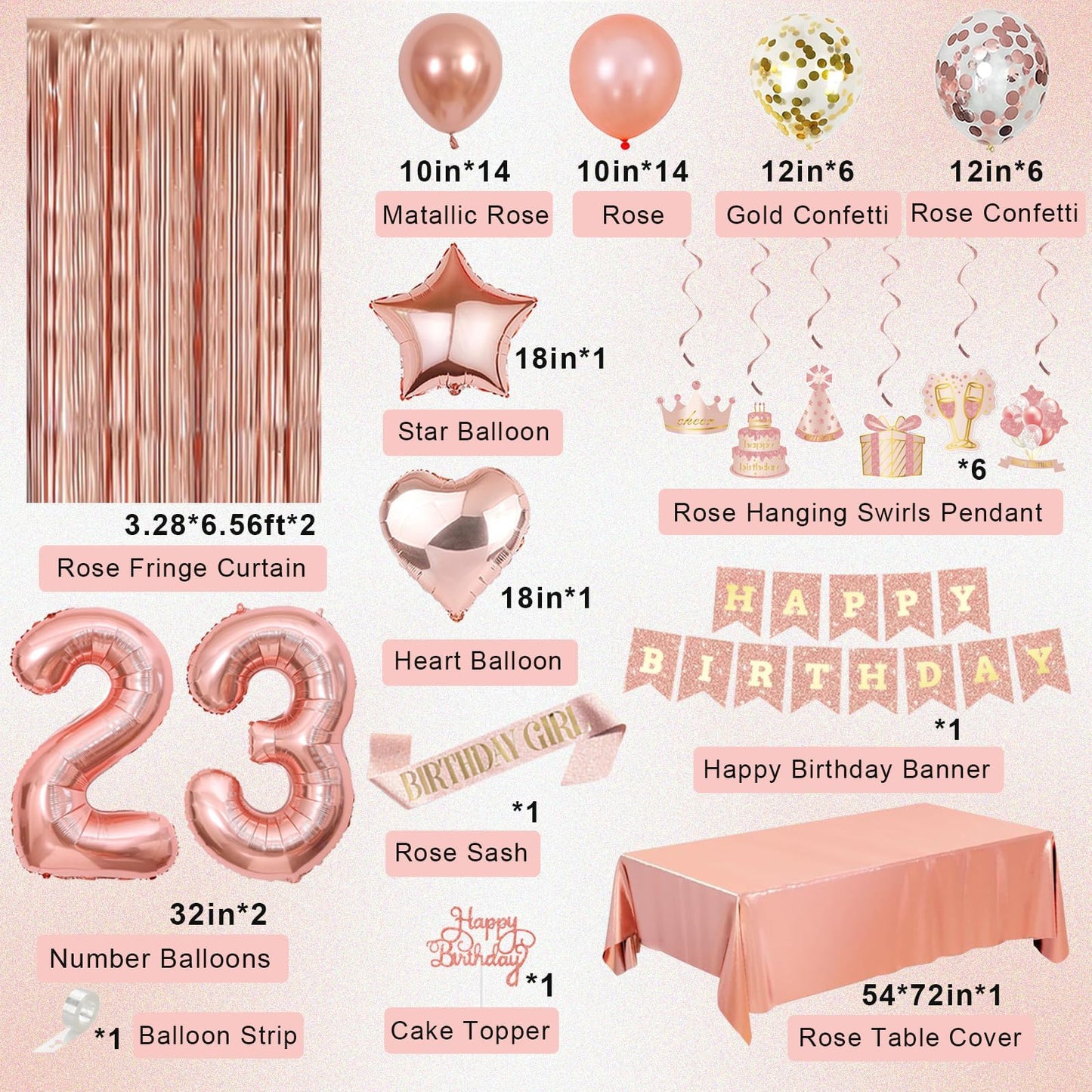 Miidenks 23rd Birthday Decorations – Rose Gold Party Supplies with Banner, Balloons & Fringe Curtains