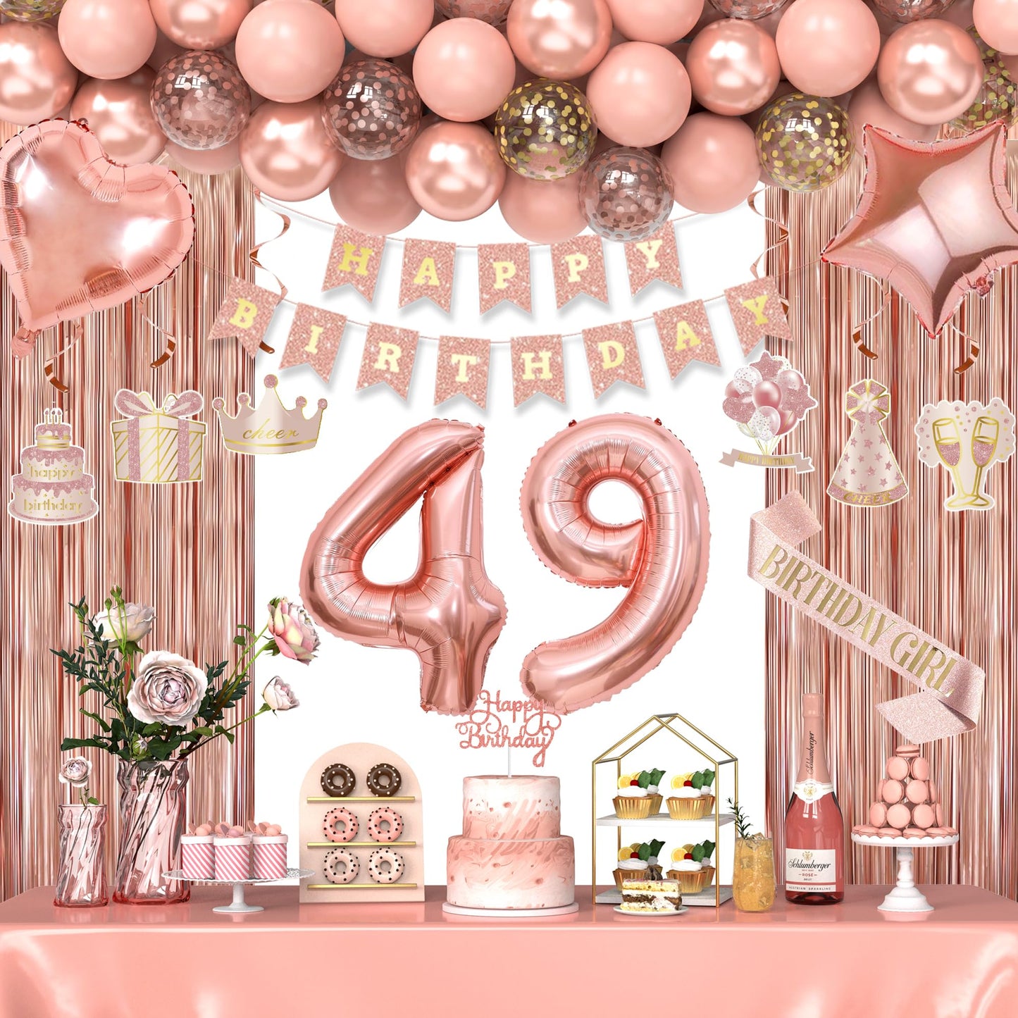 Miidenks Rose Gold 49th Birthday Decorations for Women | Banner, Balloons, Fringe Curtains