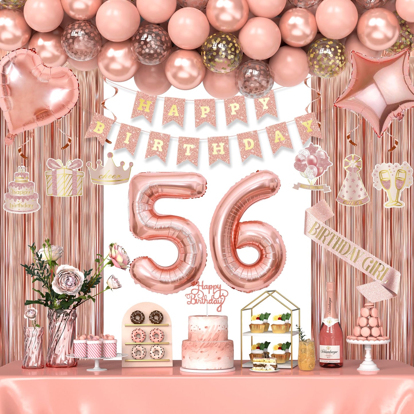 Miidenks 56th Birthday Decorations for Women – Rose Gold Party Supplies with Banner & Balloons