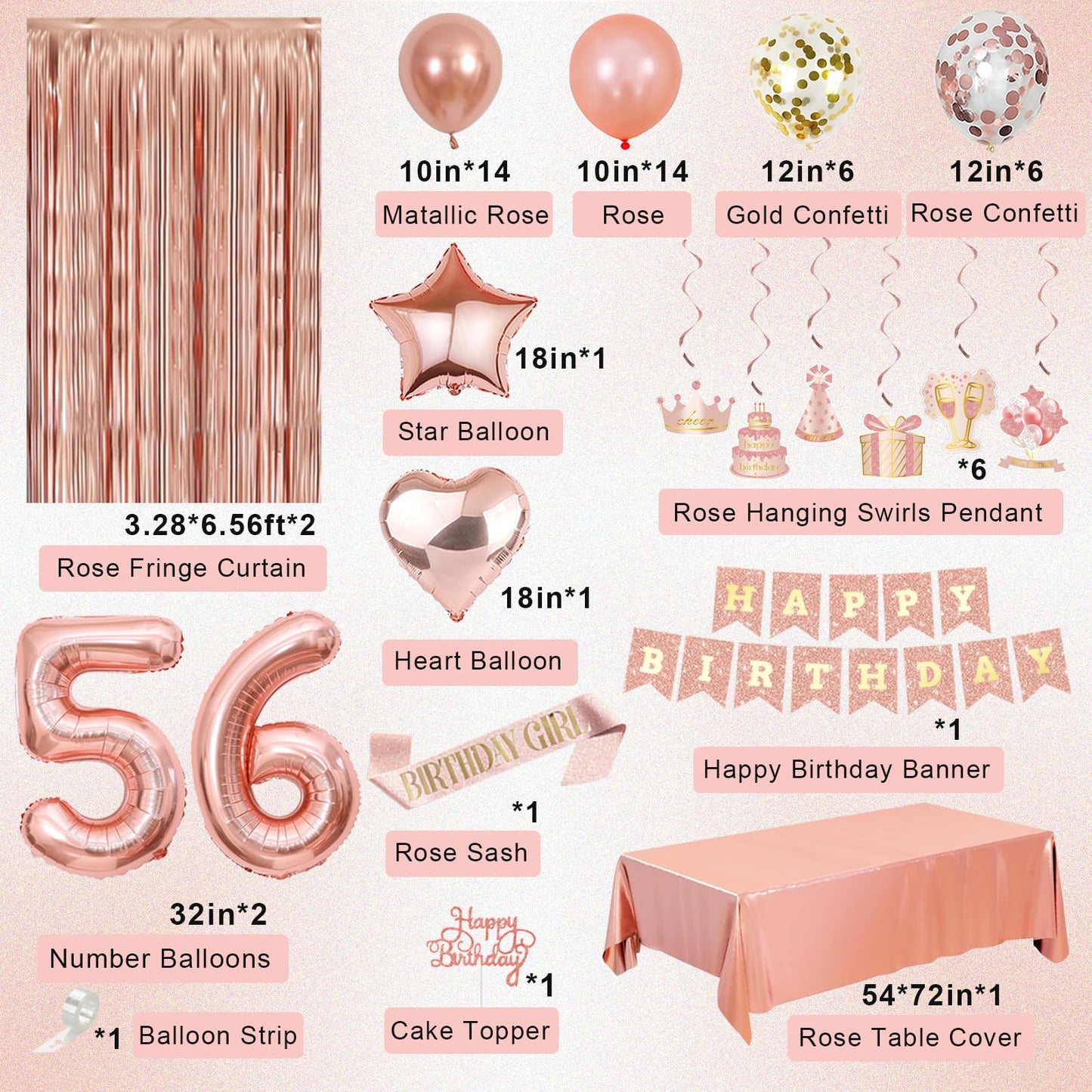 Miidenks 56th Birthday Decorations for Women – Rose Gold Party Supplies with Banner & Balloons