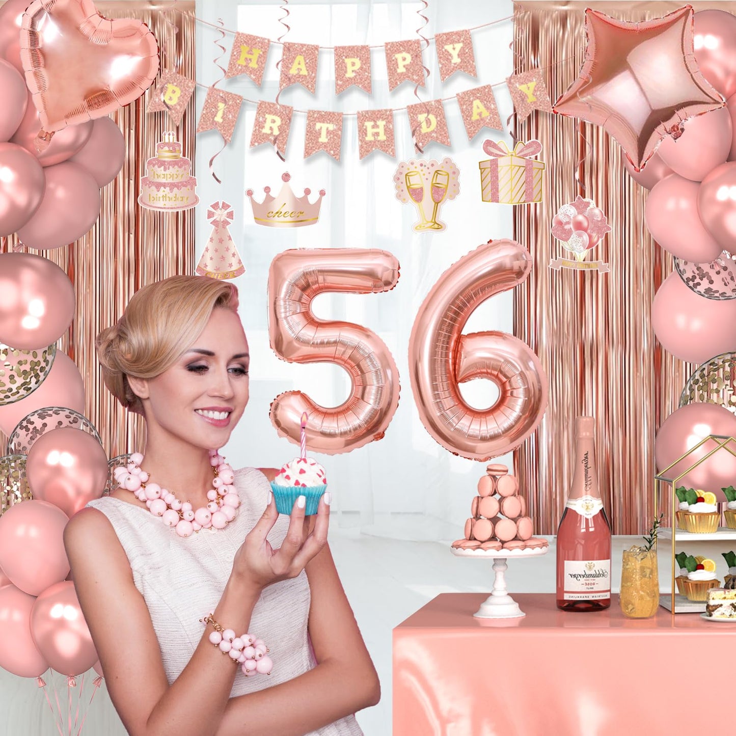 Miidenks 56th Birthday Decorations for Women – Rose Gold Party Supplies with Banner & Balloons