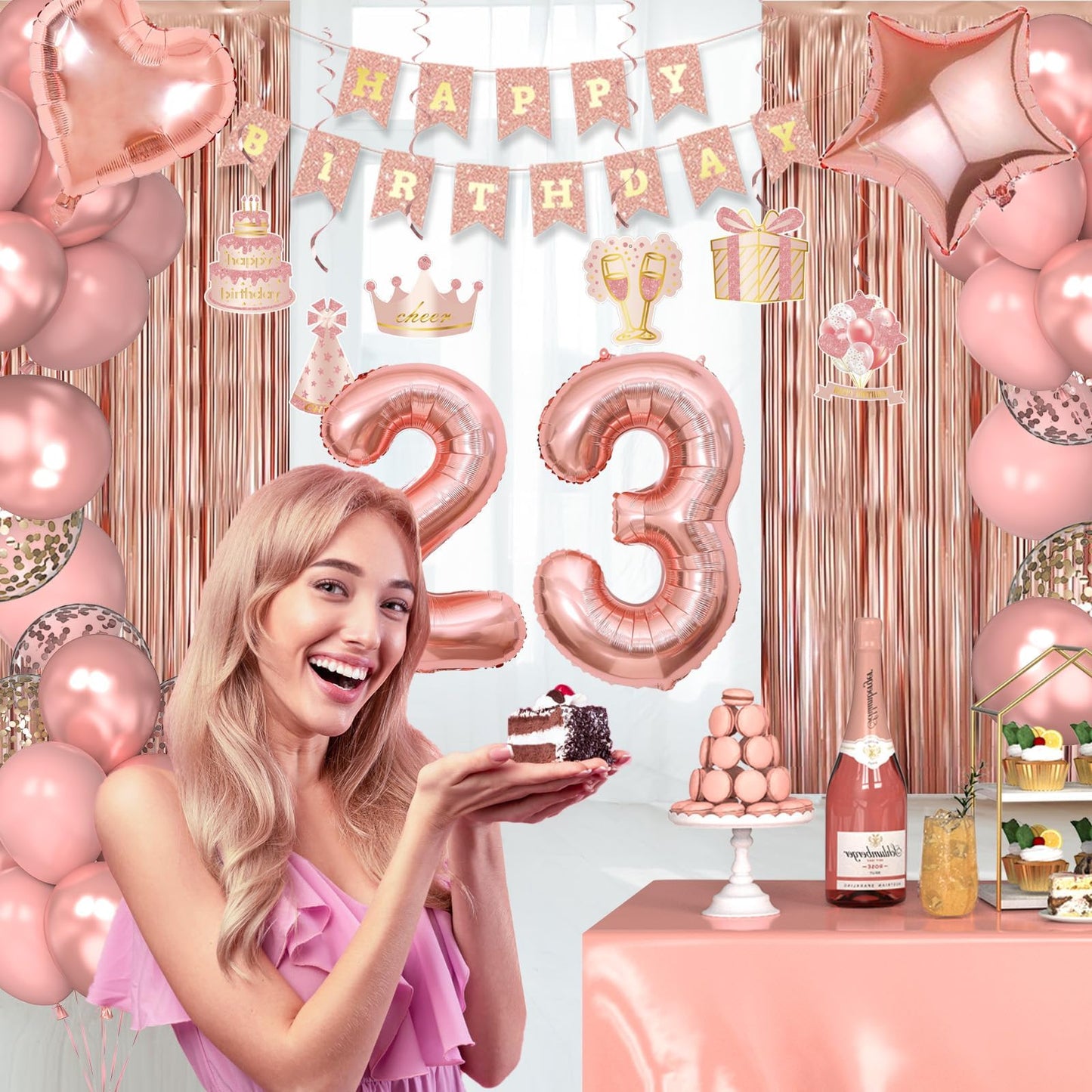 Miidenks 23rd Birthday Decorations – Rose Gold Party Supplies with Banner, Balloons & Fringe Curtains