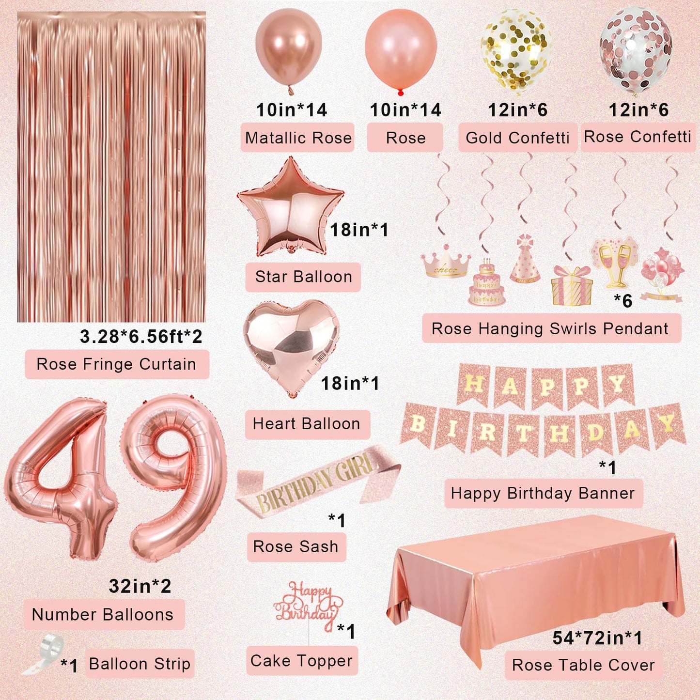 Miidenks Rose Gold 49th Birthday Decorations for Women | Banner, Balloons, Fringe Curtains