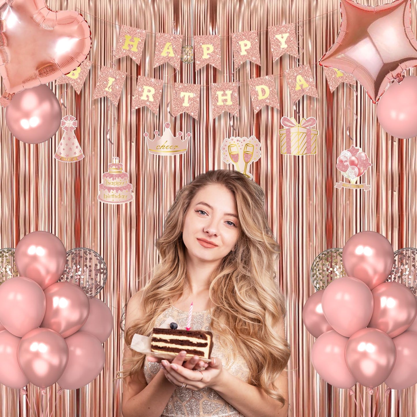 Miidenks 23rd Birthday Decorations – Rose Gold Party Supplies with Banner, Balloons & Fringe Curtains