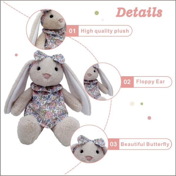 Mikee Fluffie Easter Bunny Stuffed Animal – Flower Fabric Clothes, Safe, Machine-Washable Plush Rabbit, 9-Inch Gift for Kids