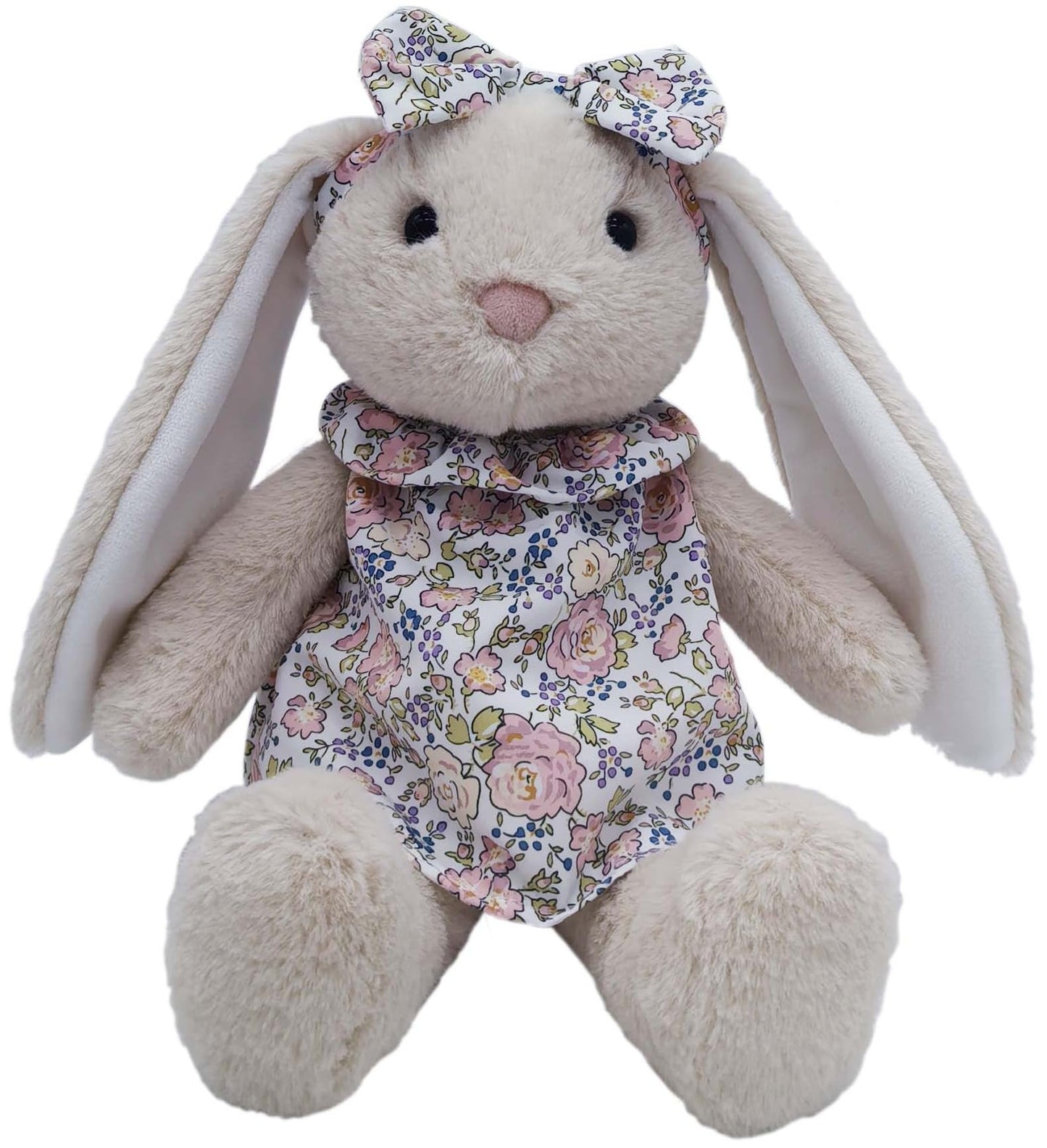 Mikee Fluffie Easter Bunny Stuffed Animal – Flower Fabric Clothes, Safe, Machine-Washable Plush Rabbit, 9-Inch Gift for Kids