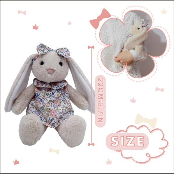 Mikee Fluffie Easter Bunny Stuffed Animal – Flower Fabric Clothes, Safe, Machine-Washable Plush Rabbit, 9-Inch Gift for Kids