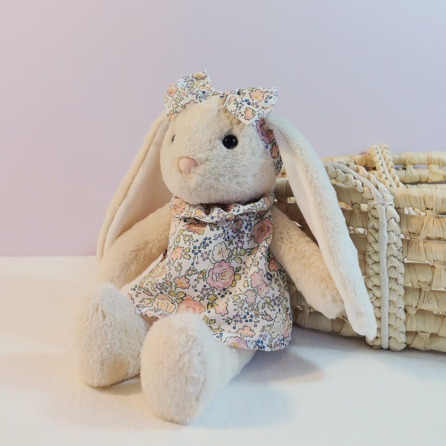 Mikee Fluffie Easter Bunny Stuffed Animal – Flower Fabric Clothes, Safe, Machine-Washable Plush Rabbit, 9-Inch Gift for Kids