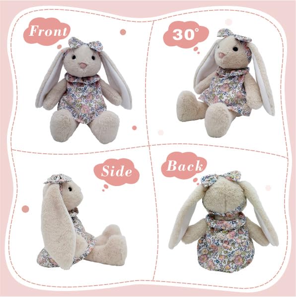 Mikee Fluffie Easter Bunny Stuffed Animal – Flower Fabric Clothes, Safe, Machine-Washable Plush Rabbit, 9-Inch Gift for Kids