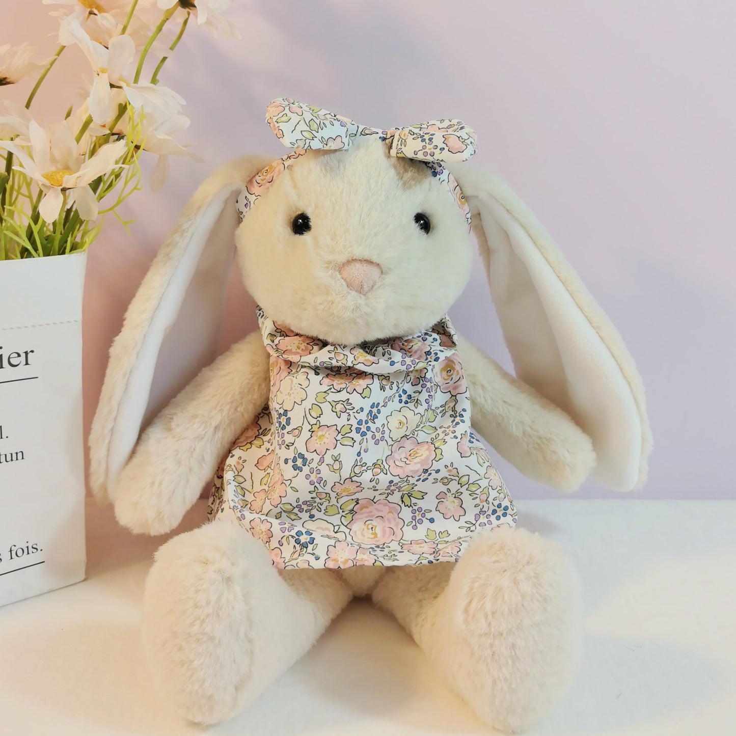 Mikee Fluffie Easter Bunny Stuffed Animal – Flower Fabric Clothes, Safe, Machine-Washable Plush Rabbit, 9-Inch Gift for Kids