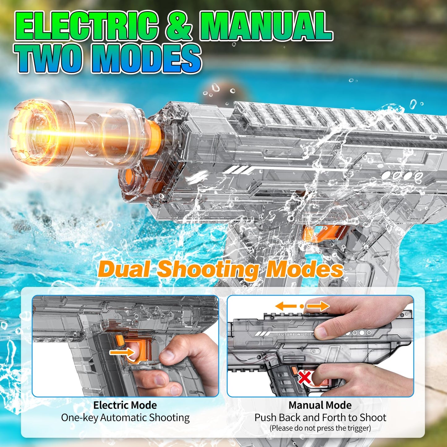 Mikiomie Electric Water Gun – Auto Suction, Flashing Muzzle, 800cc Tank, 26-32ft Range