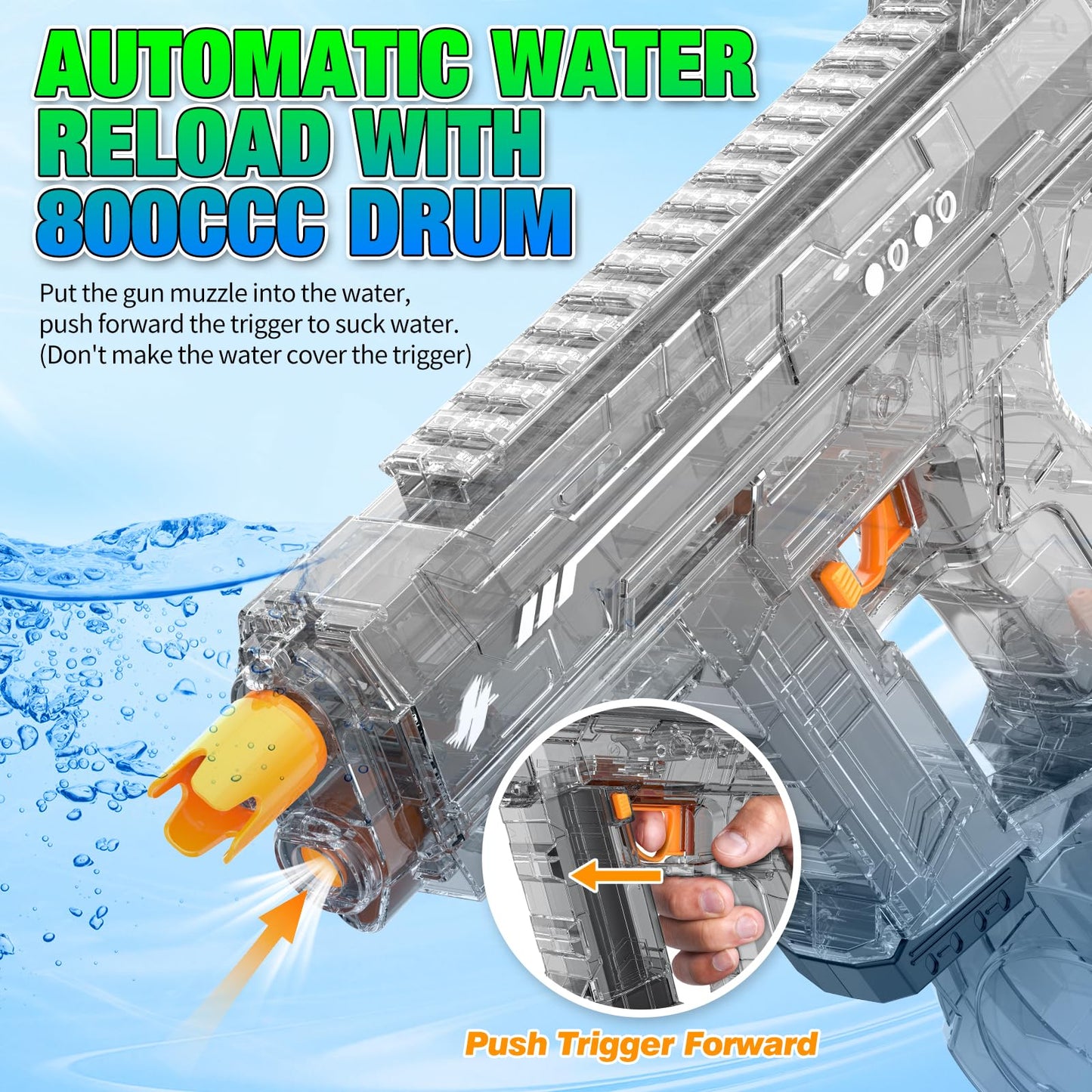 Mikiomie Electric Water Gun – Auto Suction, Flashing Muzzle, 800cc Tank, 26-32ft Range