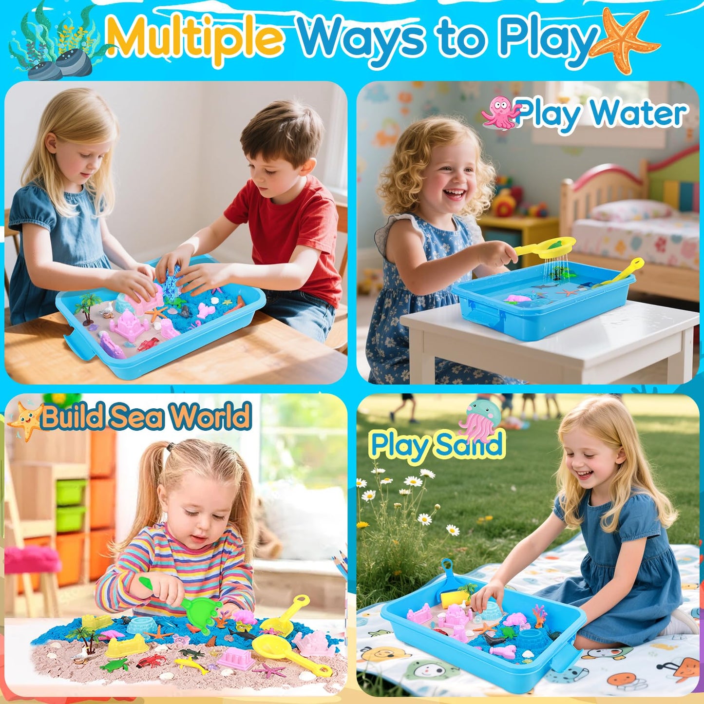 Mikiwon Ocean Sensory Bin - Sand Art Kit with 3.3lbs Play Sand & Sea Animal Molds