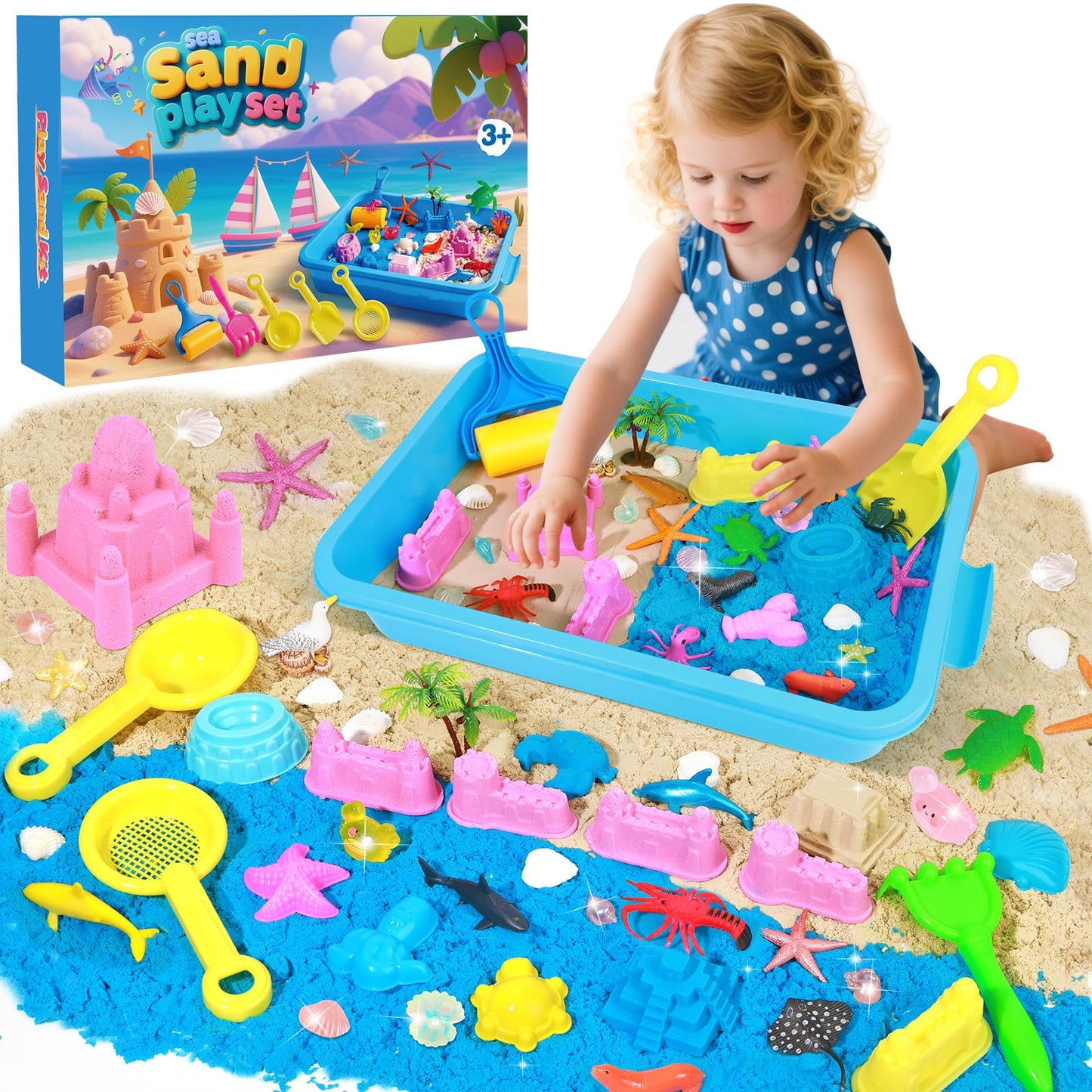 Mikiwon Ocean Sensory Bin - Sand Art Kit with 3.3lbs Play Sand & Sea Animal Molds