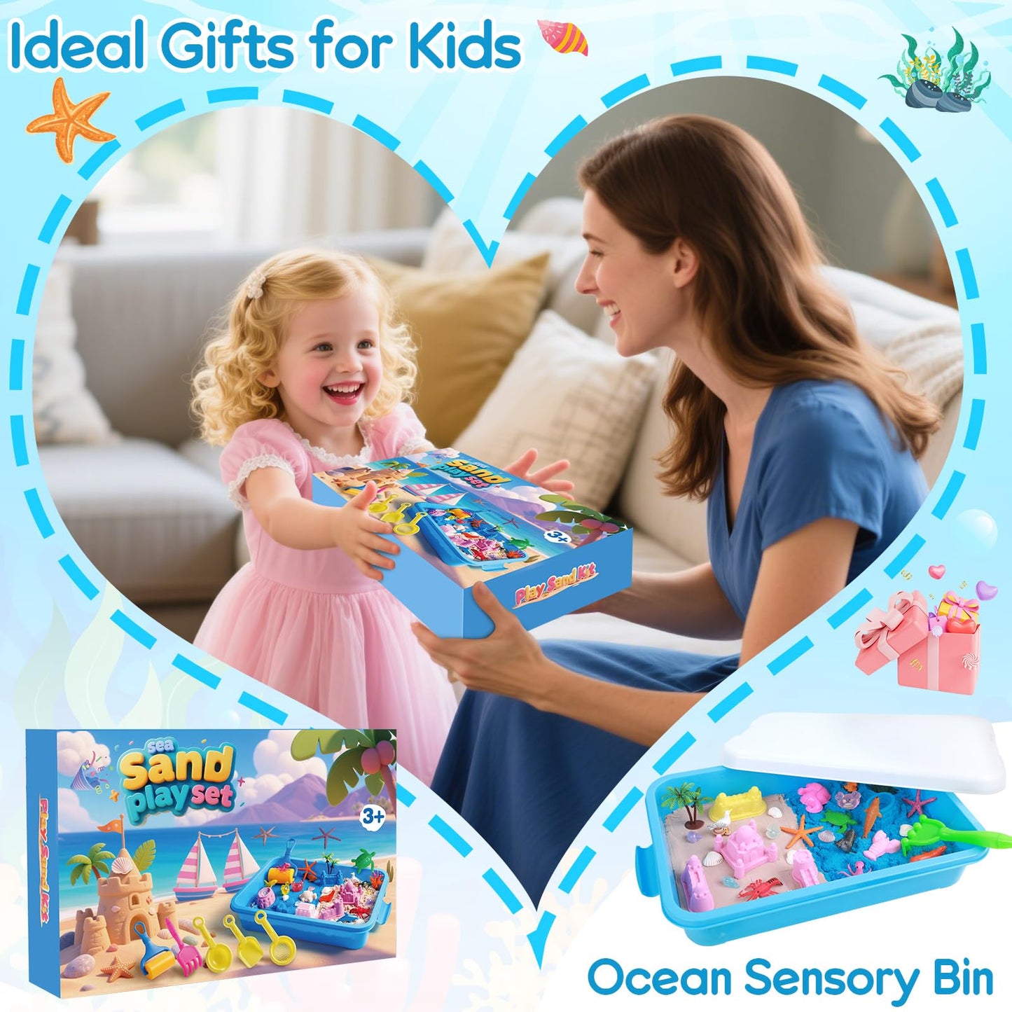 Mikiwon Ocean Sensory Bin - Sand Art Kit with 3.3lbs Play Sand & Sea Animal Molds