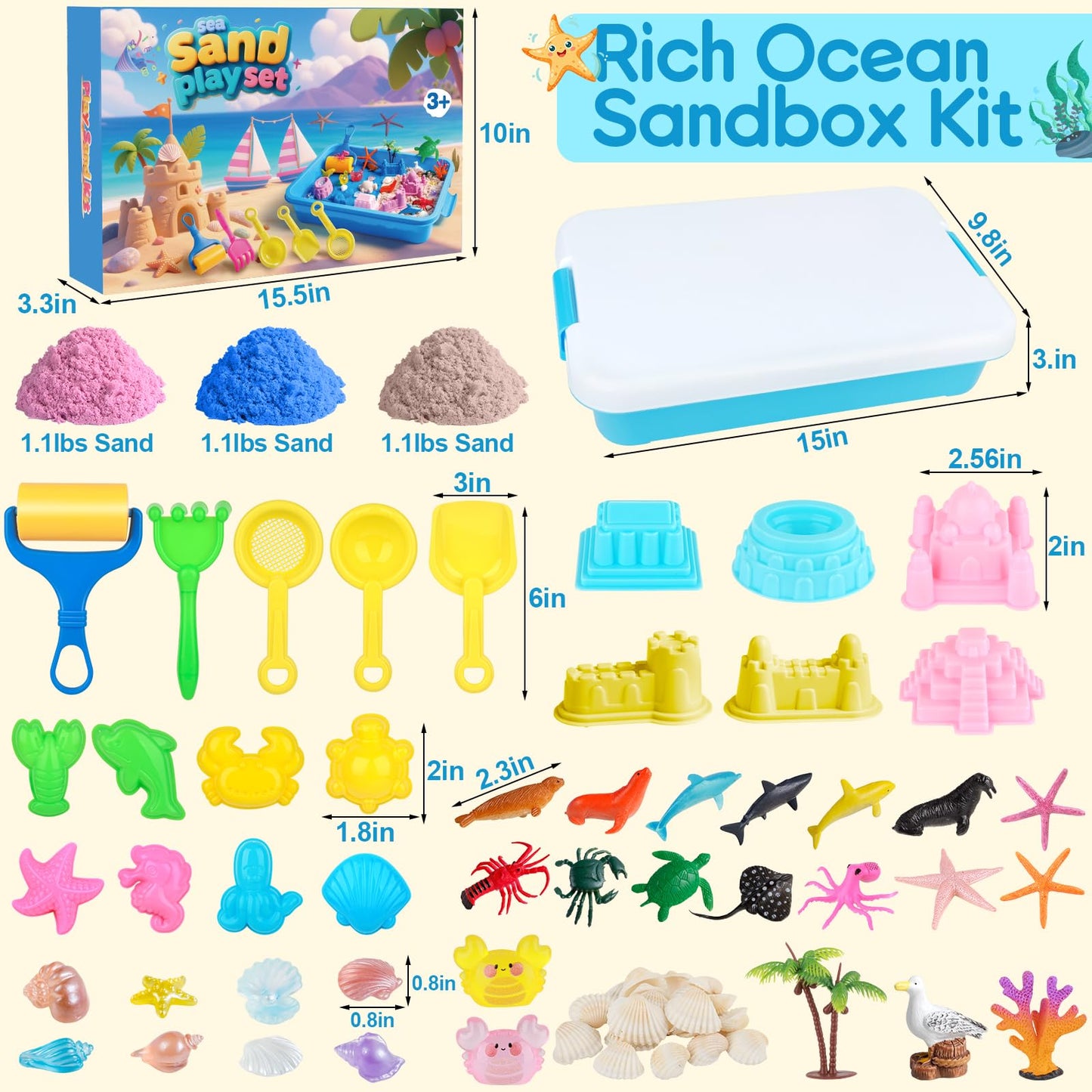 Mikiwon Ocean Sensory Bin - Sand Art Kit with 3.3lbs Play Sand & Sea Animal Molds