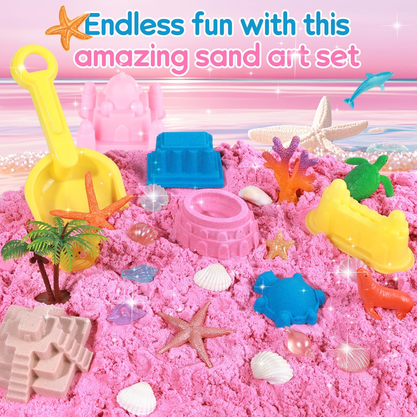 Mikiwon Ocean Sensory Bin - Sand Art Kit with 3.3lbs Play Sand & Sea Animal Molds